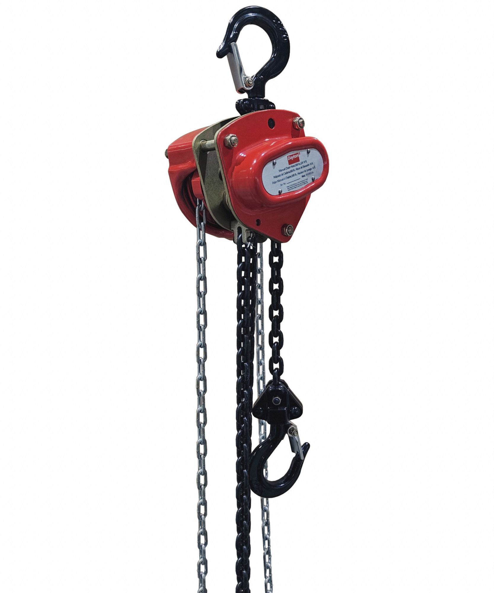 Manual Chain Hoist: Hook Mounted - No Trolley, 500 lb Lifting Capacity, 10 ft Lift Lg