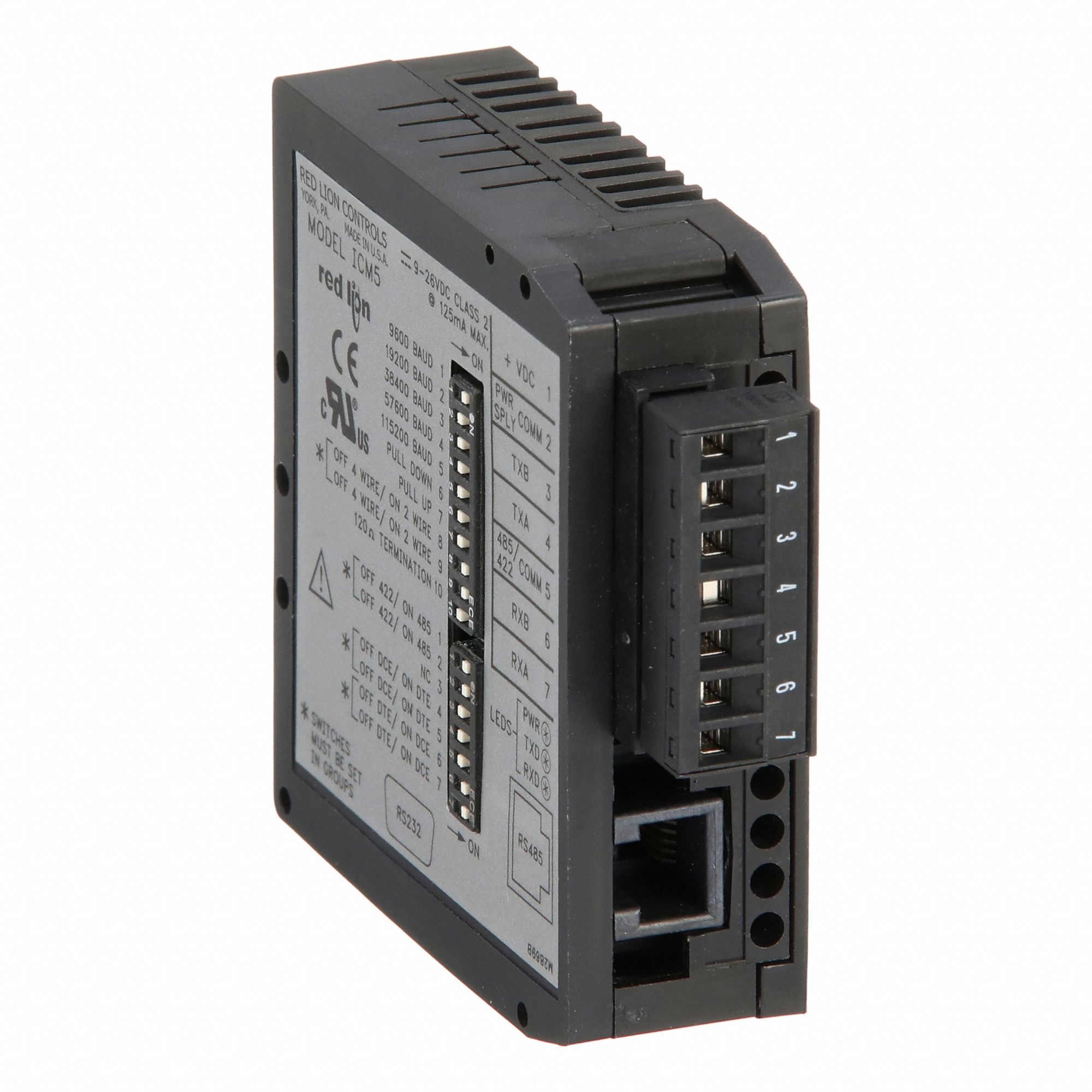 Serial Converter Module: Selectable Baud Rates/Three Way Isolation, DIN Rail Mounting