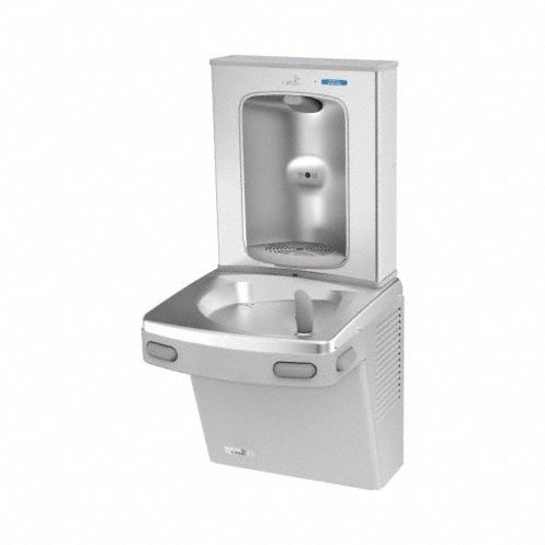 Drinking Fountain with Bottle Filler: On-Wall, 8 gph @ 50°F, Stainless Steel, Gray