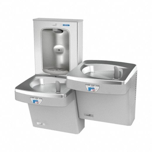 Bi-Level Drinking Fountain with Bottle Filler: On-Wall, 8 gph @ 50°F, Touchless Sensor, Gray