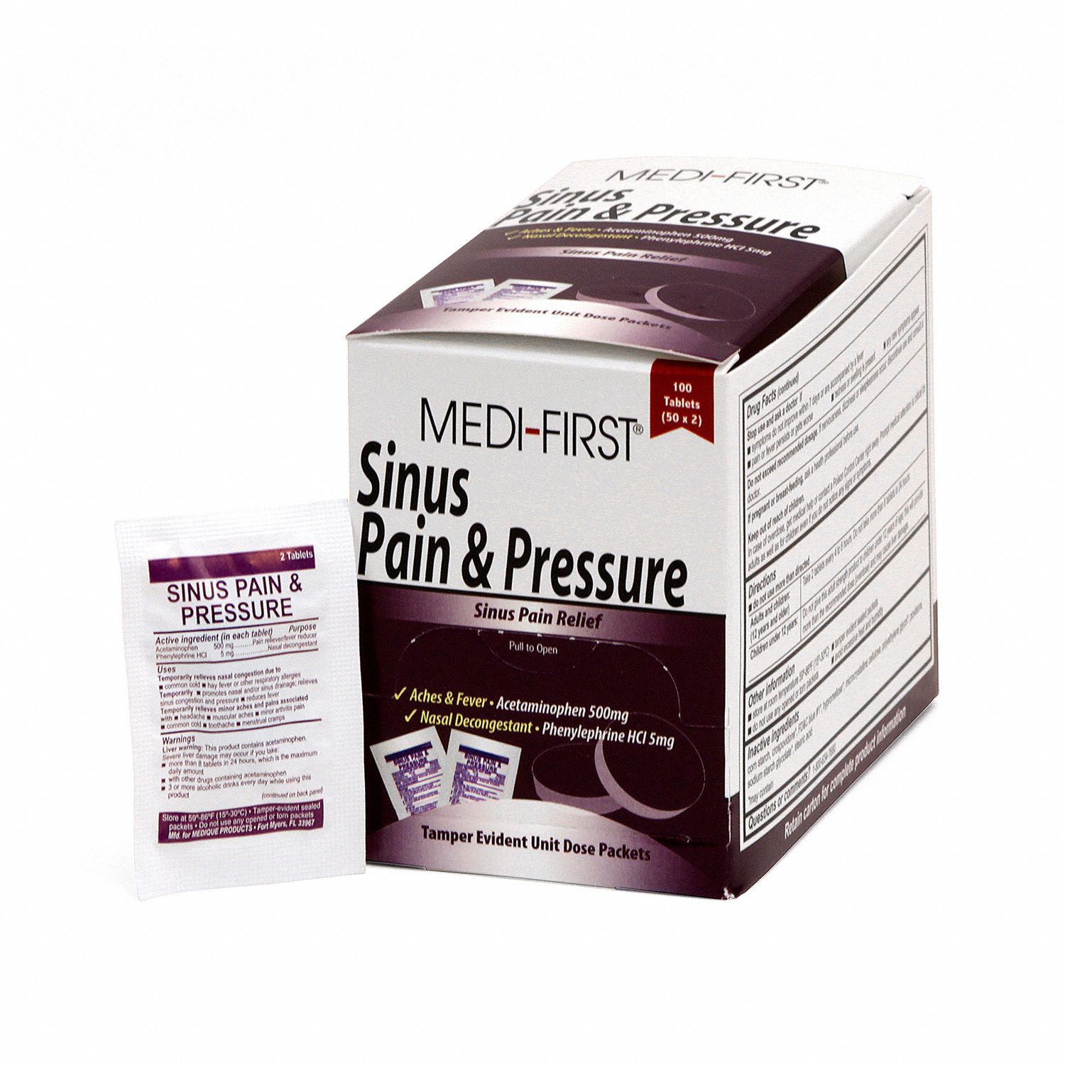 Sinus and Allergy Reliever: Acetaminophen/Phenylephrine HCl, 50 Individual Doses, 100 PK