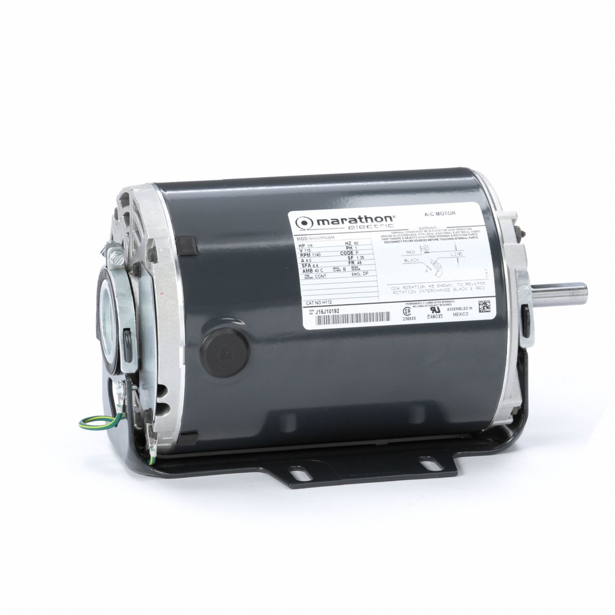 General Purpose Motor: Single Phase, 1/6 hp, 115V AC, 48 Frame Size, 1/2 in x 1 1/2 in, 60 Hz