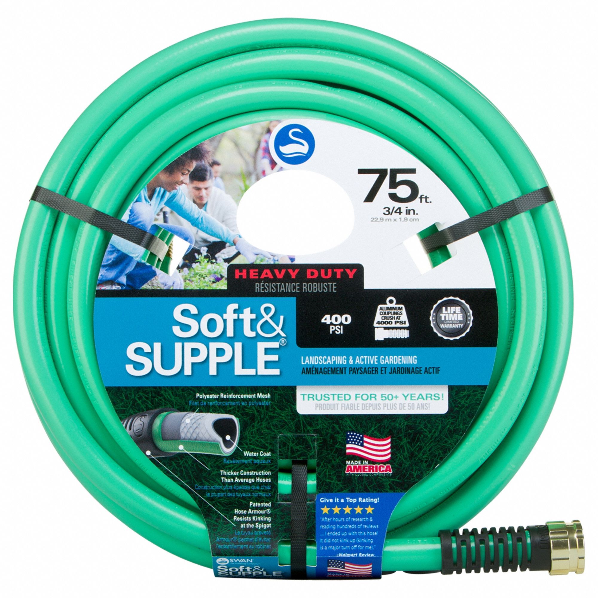 Garden Hose: PVC, 3/4 in Inside Dia., 75 ft Lg, 3/4 in MGHT x 3/4 in FGHT, Green