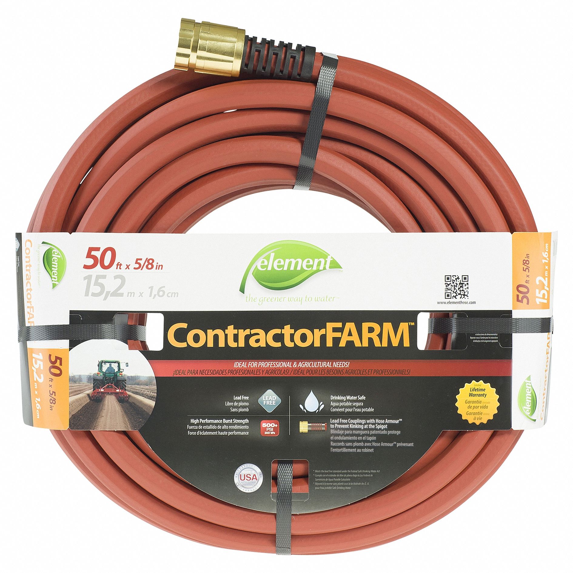 Garden Hose: PVC, 5/8 in Inside Dia., 50 ft Lg, 3/4 in MGHT x 3/4 in FGHT, Red