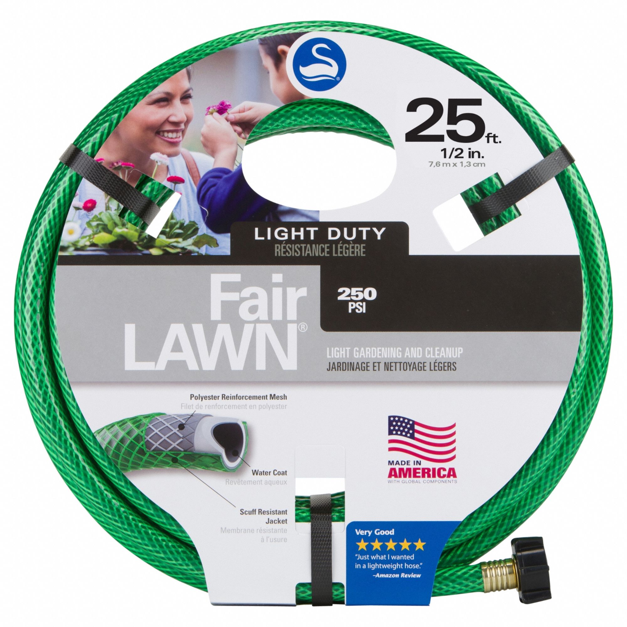 Garden Hose: PVC, 1/2 in Inside Dia., 25 ft Lg, 3/4 in MGHT x 3/4 in FGHT, Green