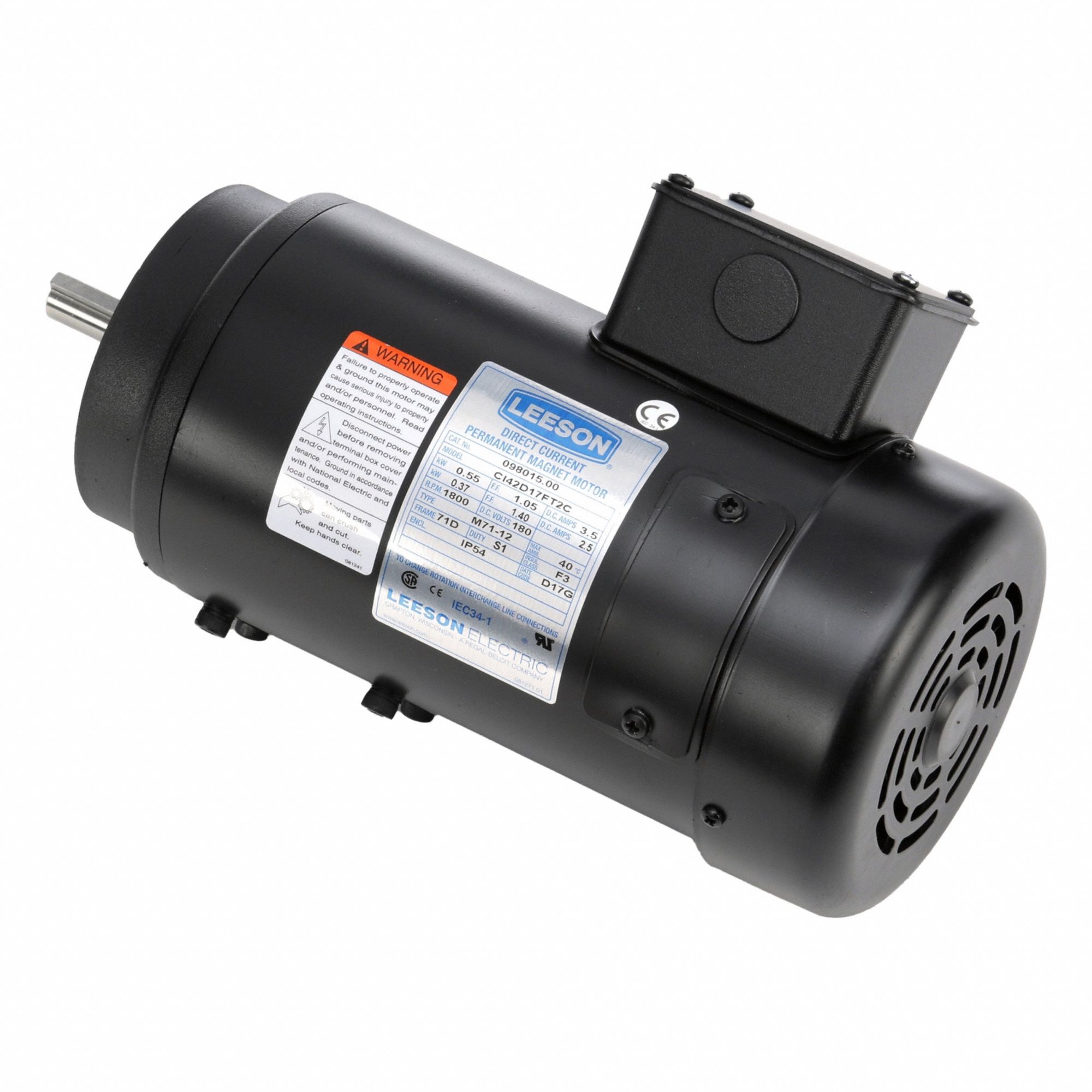 DC Permanent Magnet Motor: 1/2 HP, 1, 800 Nameplate RPM, 71 Frame, Special Mounting, 180V DC