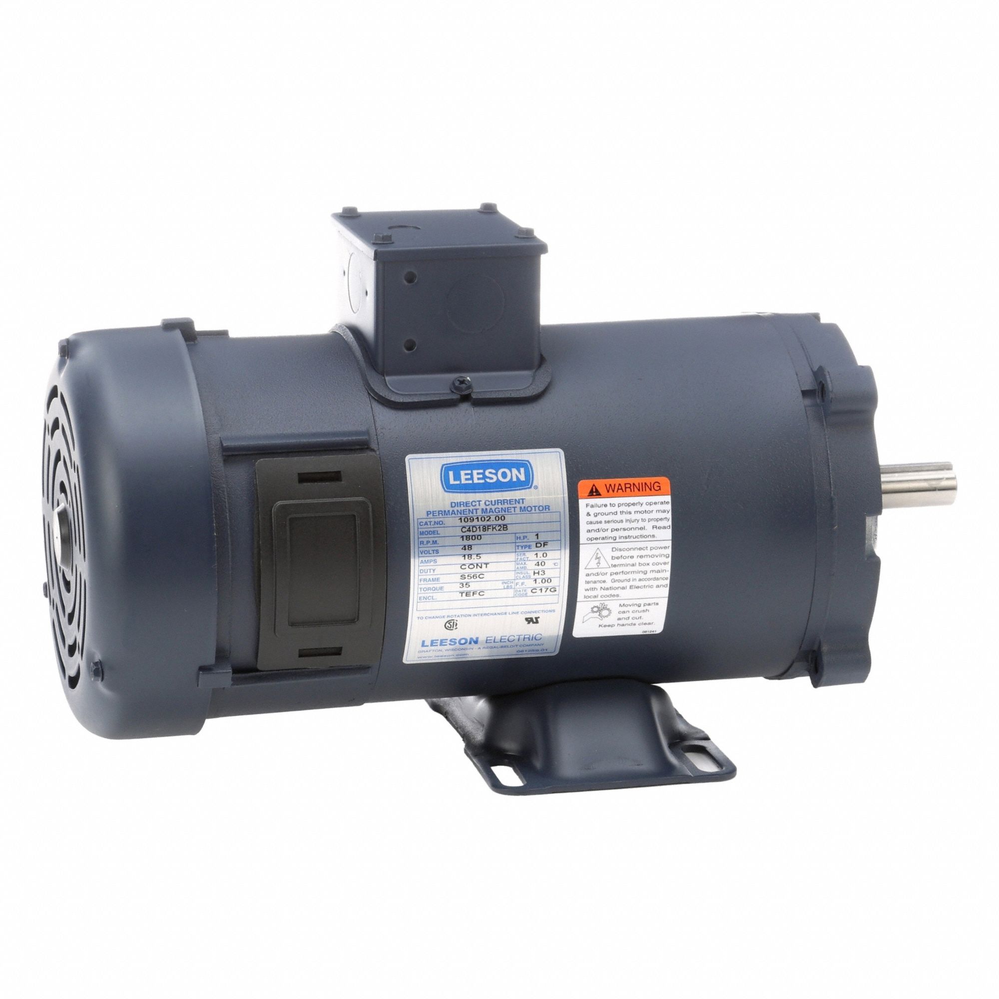 DC Permanent Magnet Motor: 1 HP, 1, 800 Nameplate RPM, S56C Frame, Rigid Base Mounting