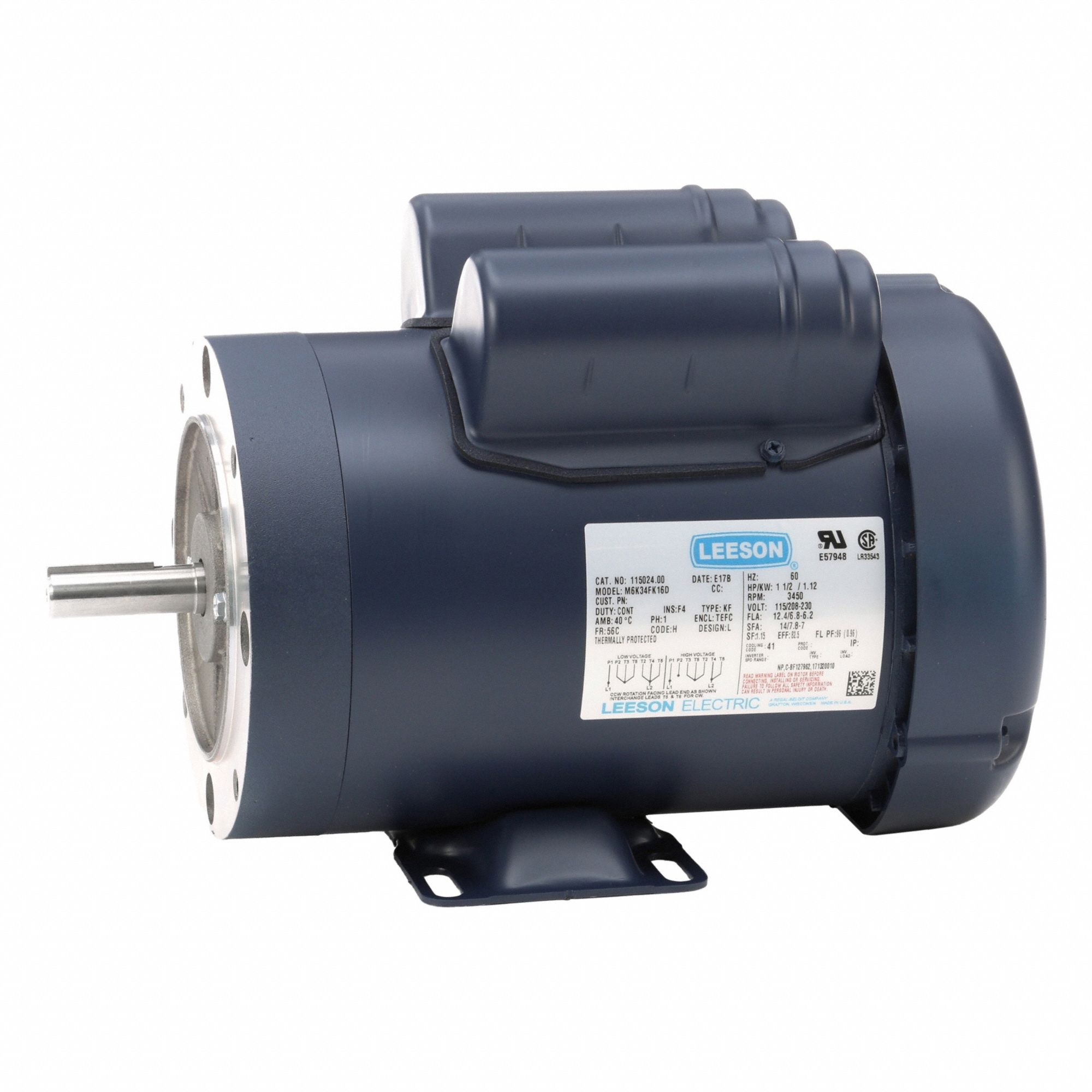 General Purpose Motor: Single Phase, 1 1/2 hp, 115/230V AC, 56C Frame Size, 5/8 in x 1 7/8 in