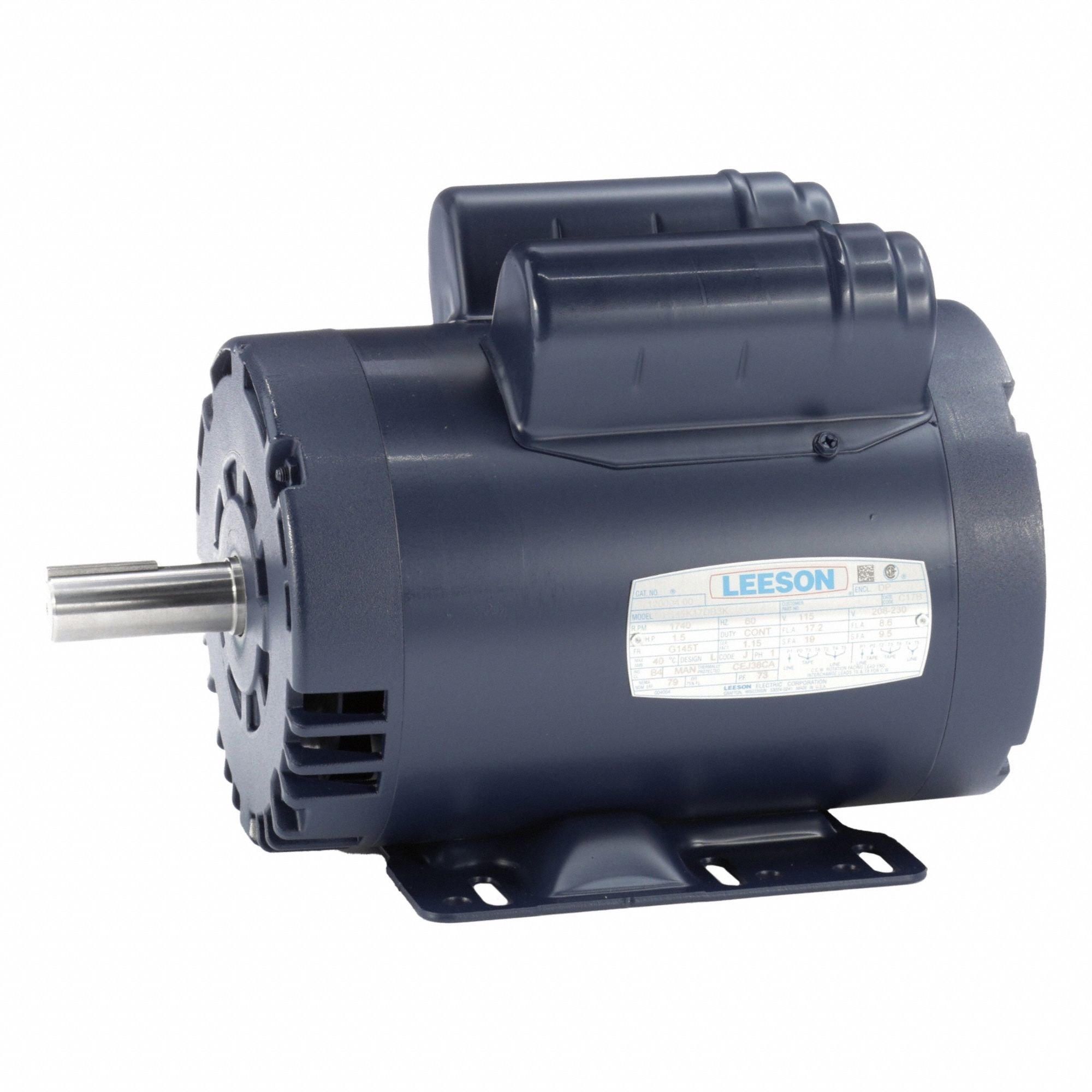 Air Compressor Motor: Capacitor-Start, 1 1/2 hp Horsepower, 1, 740 RPM RPM, 115/230V AC, 8.6 A