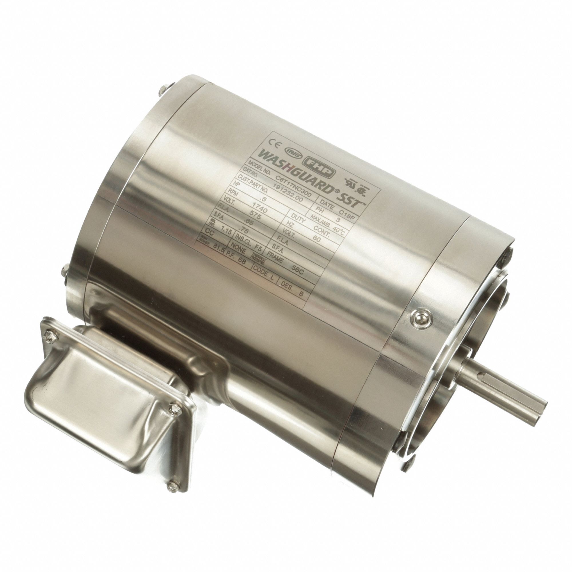 Washdown Motor: Three-Phase, 1/2 hp Horsepower, 1, 740 RPM RPM, 575V AC, 56C Frame Size, TENV