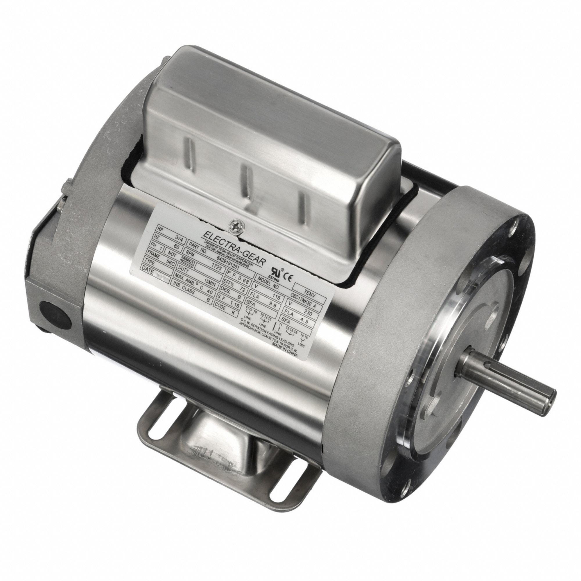 Boat Hoist Motor: 115/230V AC, 3/4 hp, 1, 725 RPM, 115/230V AC, 56C Frame Size, Single Phase