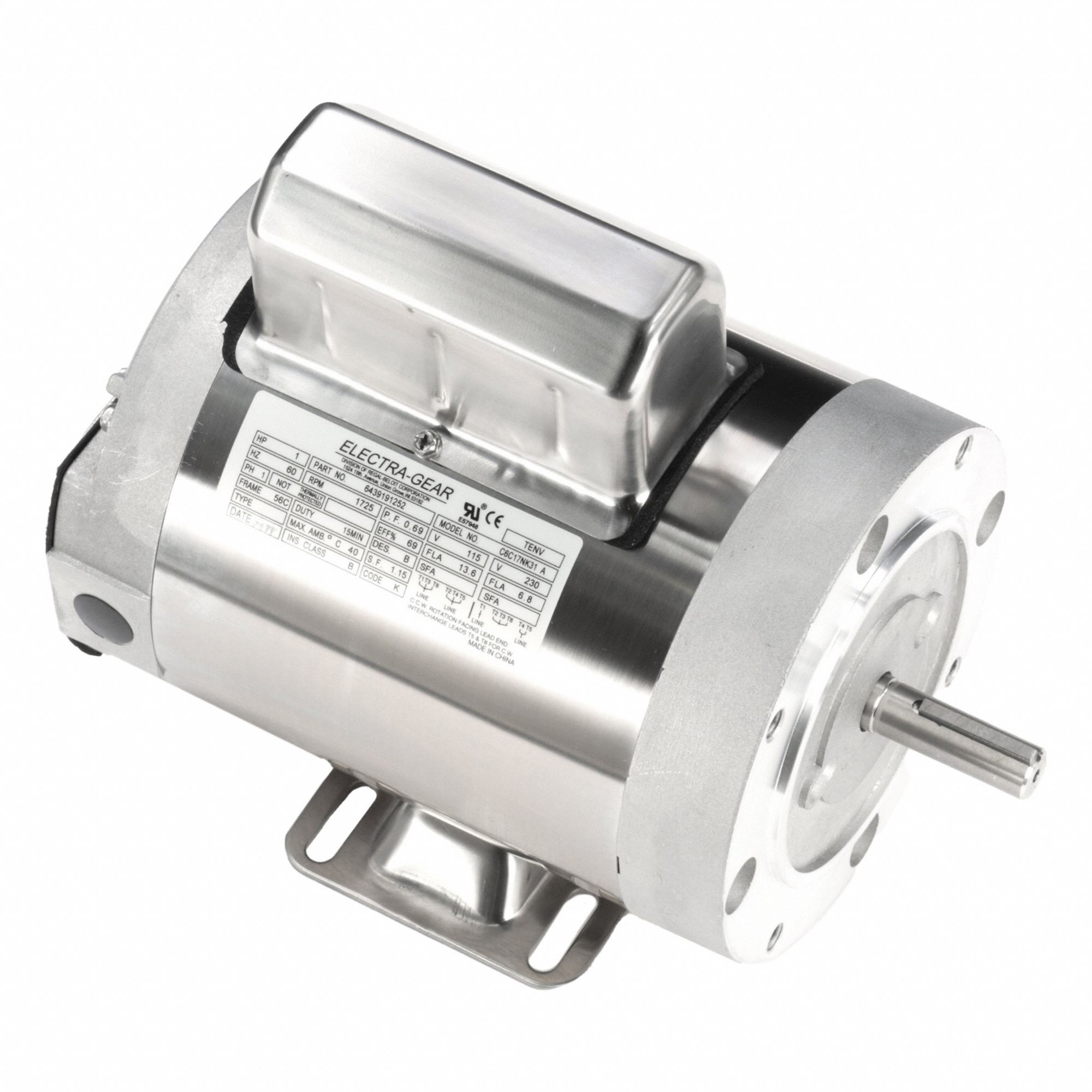 Boat Hoist Motor: 115/230V AC, 1 hp, 1, 725 RPM, 115/230V AC, 56C Frame Size, 5/8 in Shaft Dia