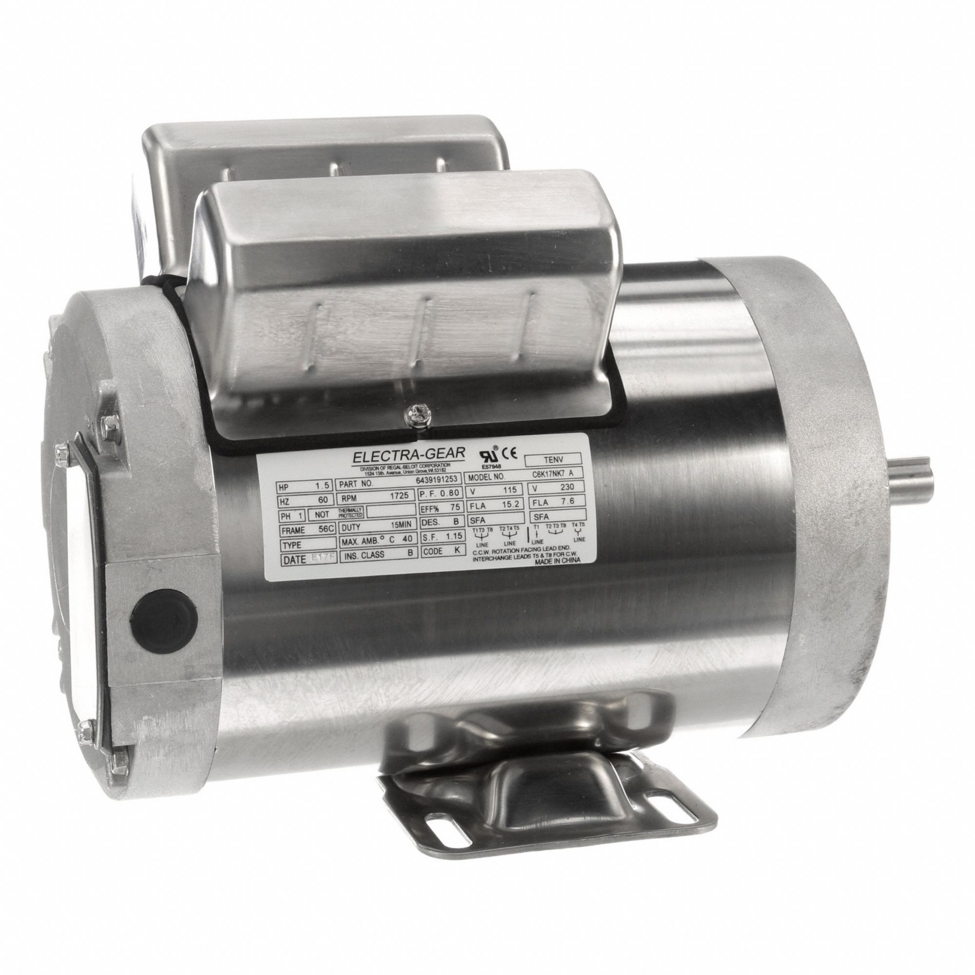 Boat Hoist Motor: 115/230V AC, 1 1/2 hp, 1, 725 RPM, 115/230V AC, 56C Frame Size, Single Phase