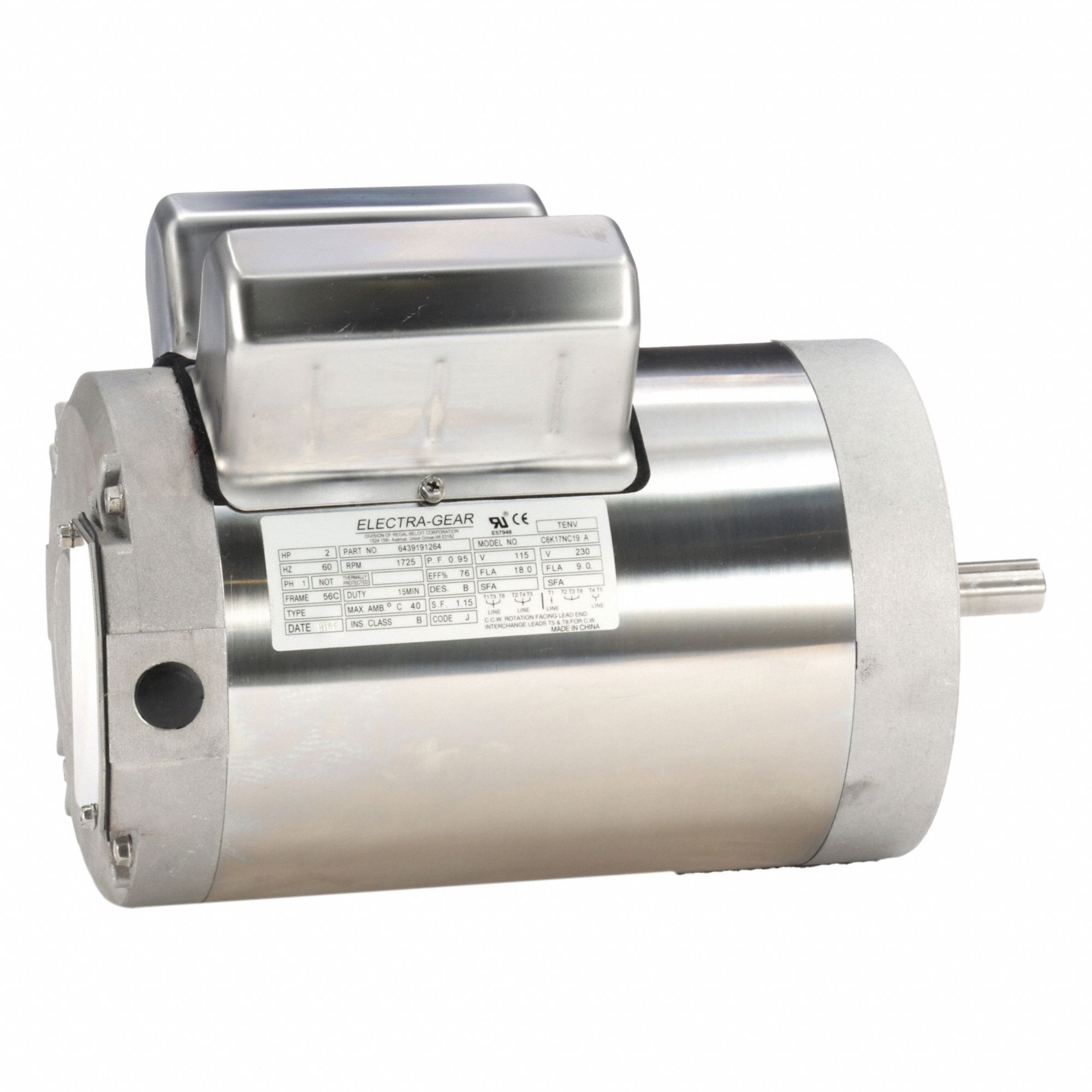 Boat Hoist Motor: 115/230V AC, 2 hp, 1, 725 RPM, 115/230V AC, 56C Frame Size, C-Face, TENV