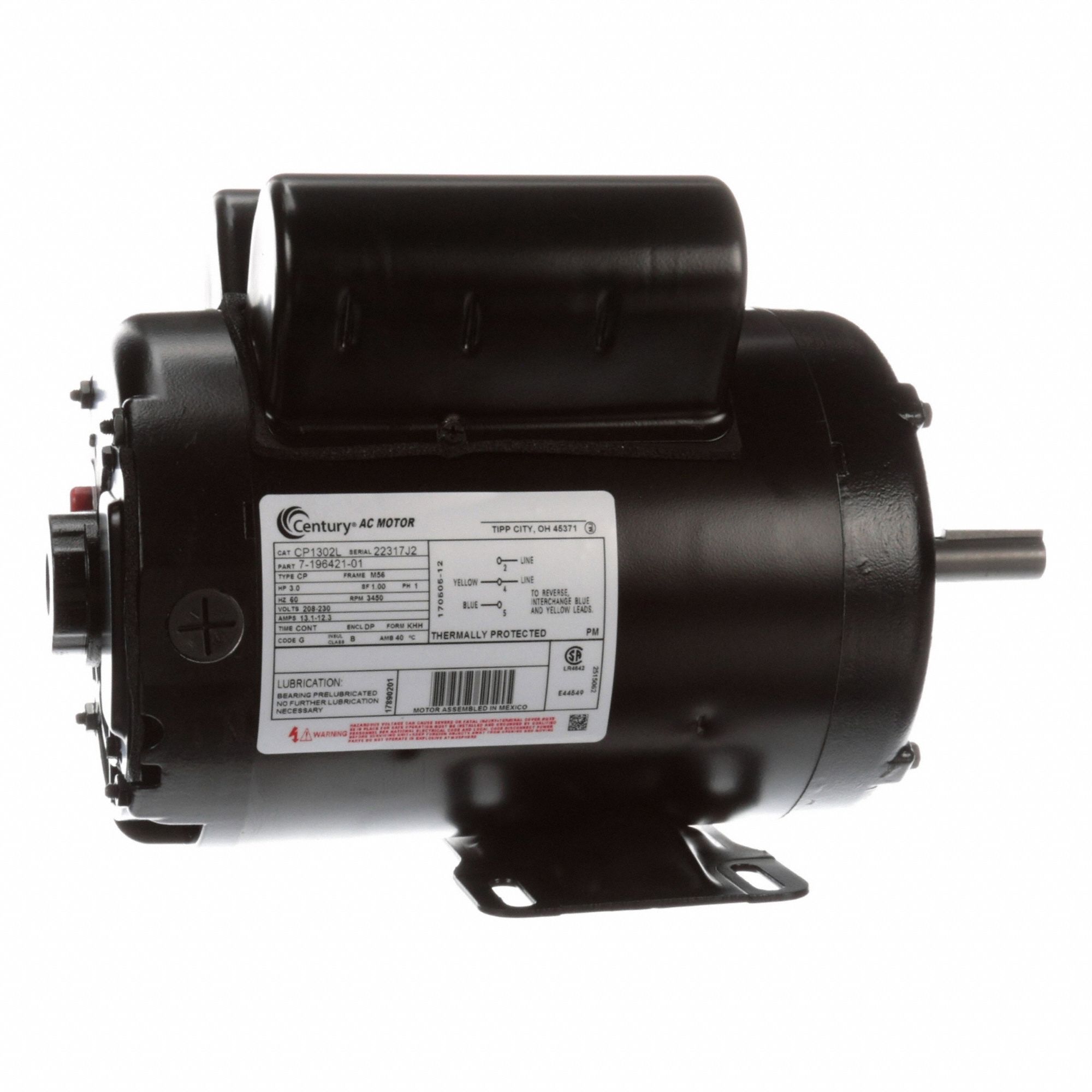 Air Compressor Motor: Capacitor-Start, 3, 450 RPM RPM, 208-230V AC, 56 Frame Size, CW/CCW