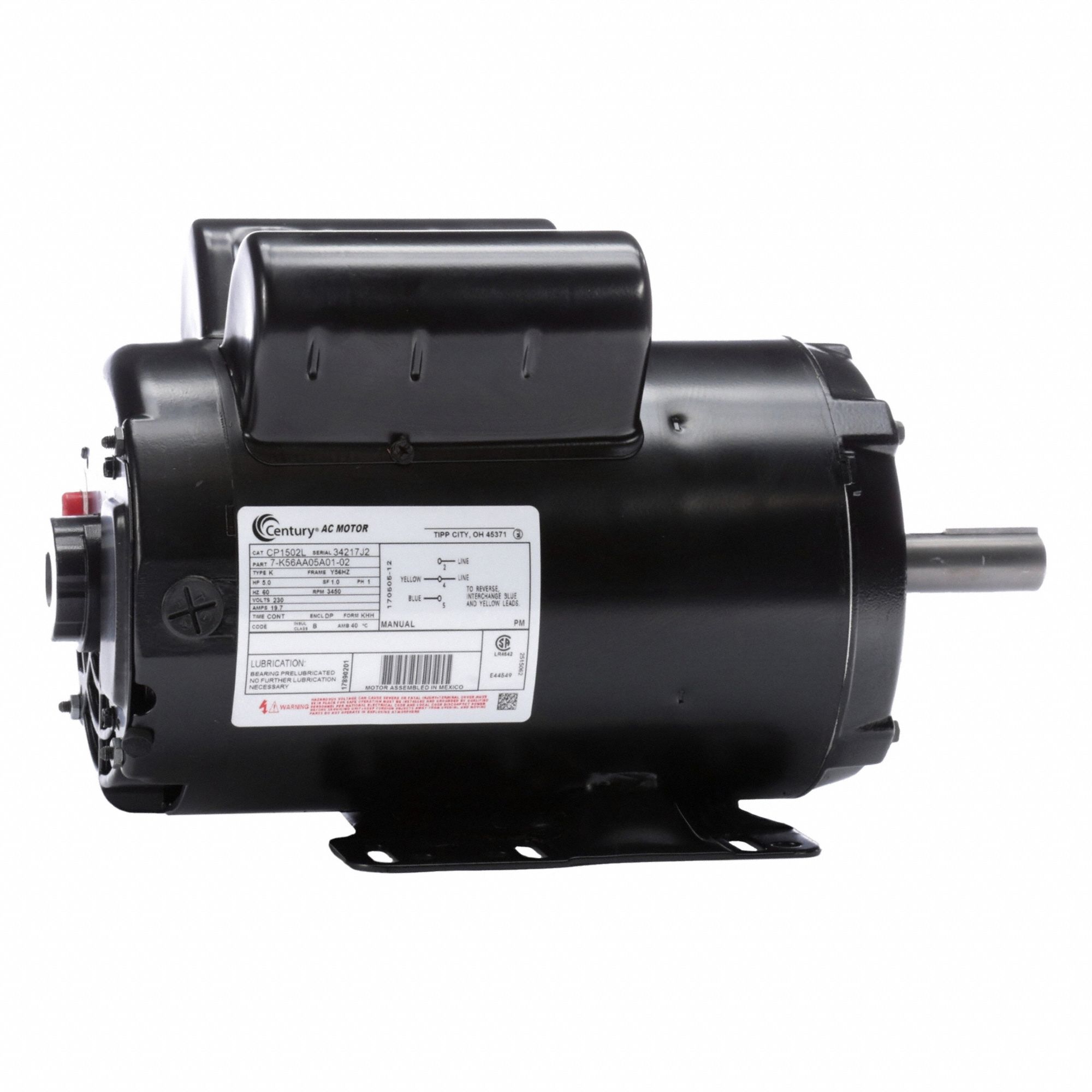 Air Compressor Motor: Capacitor-Start, 5 hp Horsepower, 3, 450 RPM RPM, 230V AC, CW/CCW, ODP