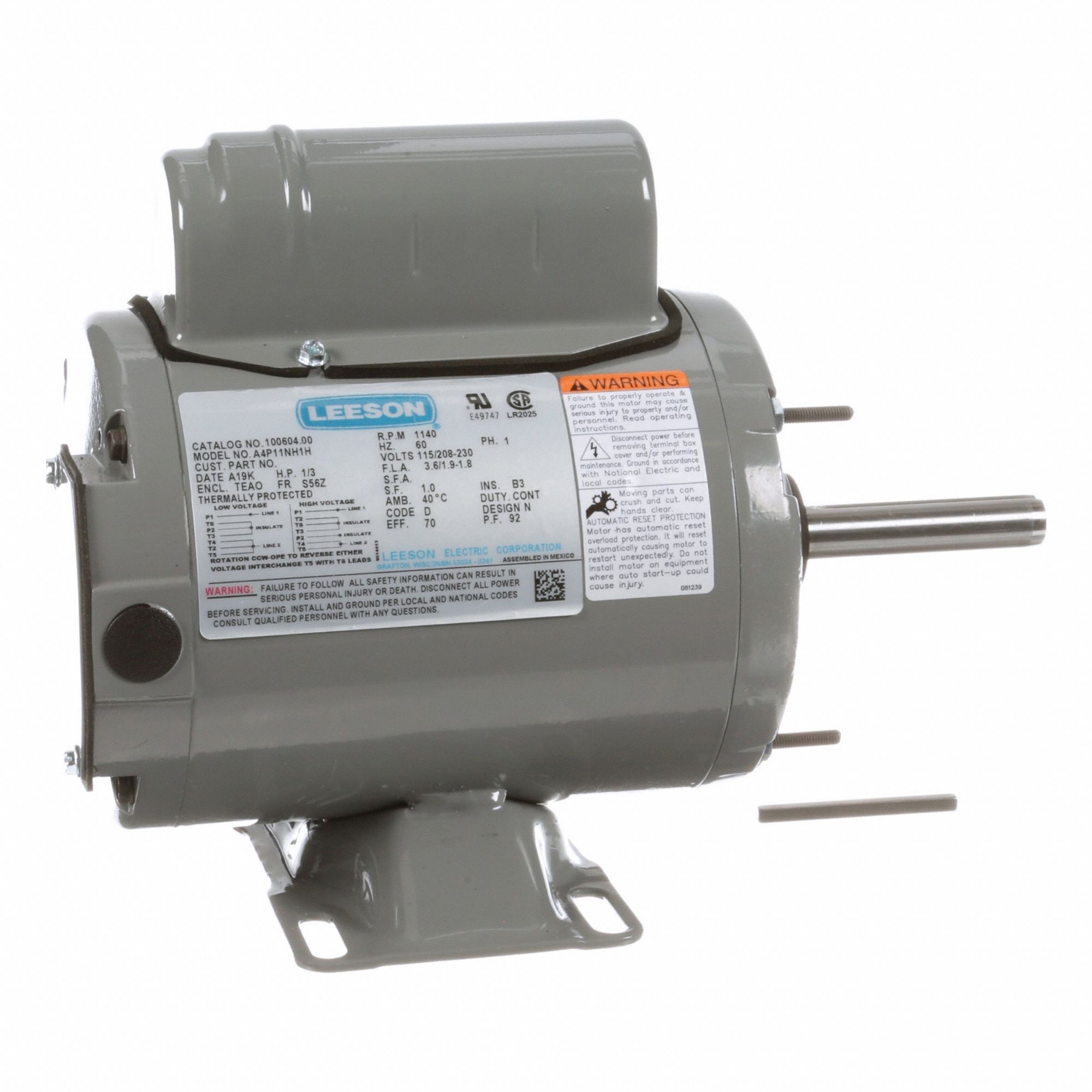 Farm Duty Motor: Single Phase, Rigid Base, Permanent Split Capacitor, 1/3 hp, 1, 140 RPM, Auto