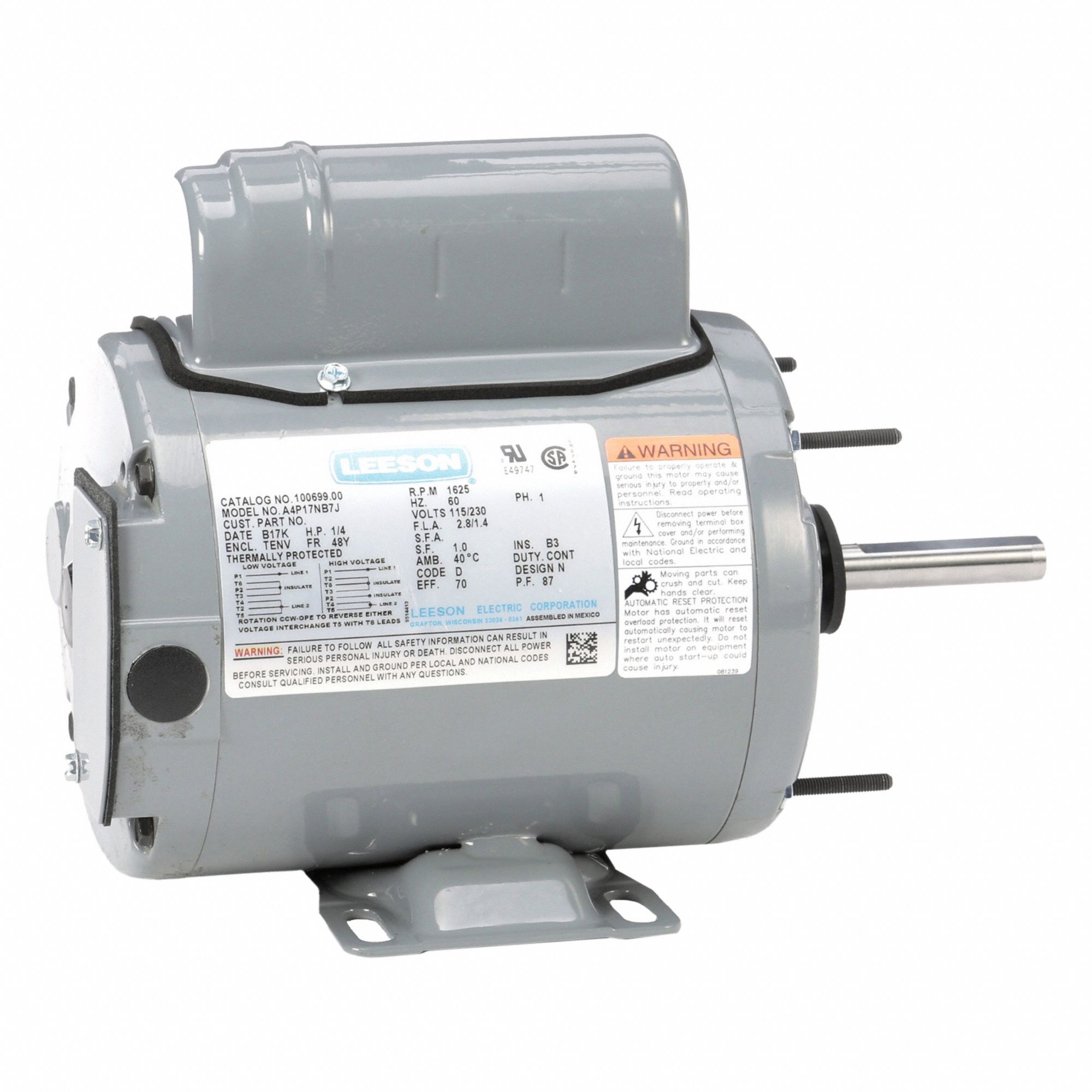 Farm Duty Motor: Single Phase, Rigid Base, Permanent Split Capacitor, 1/4 hp, 1, 625 RPM, Auto