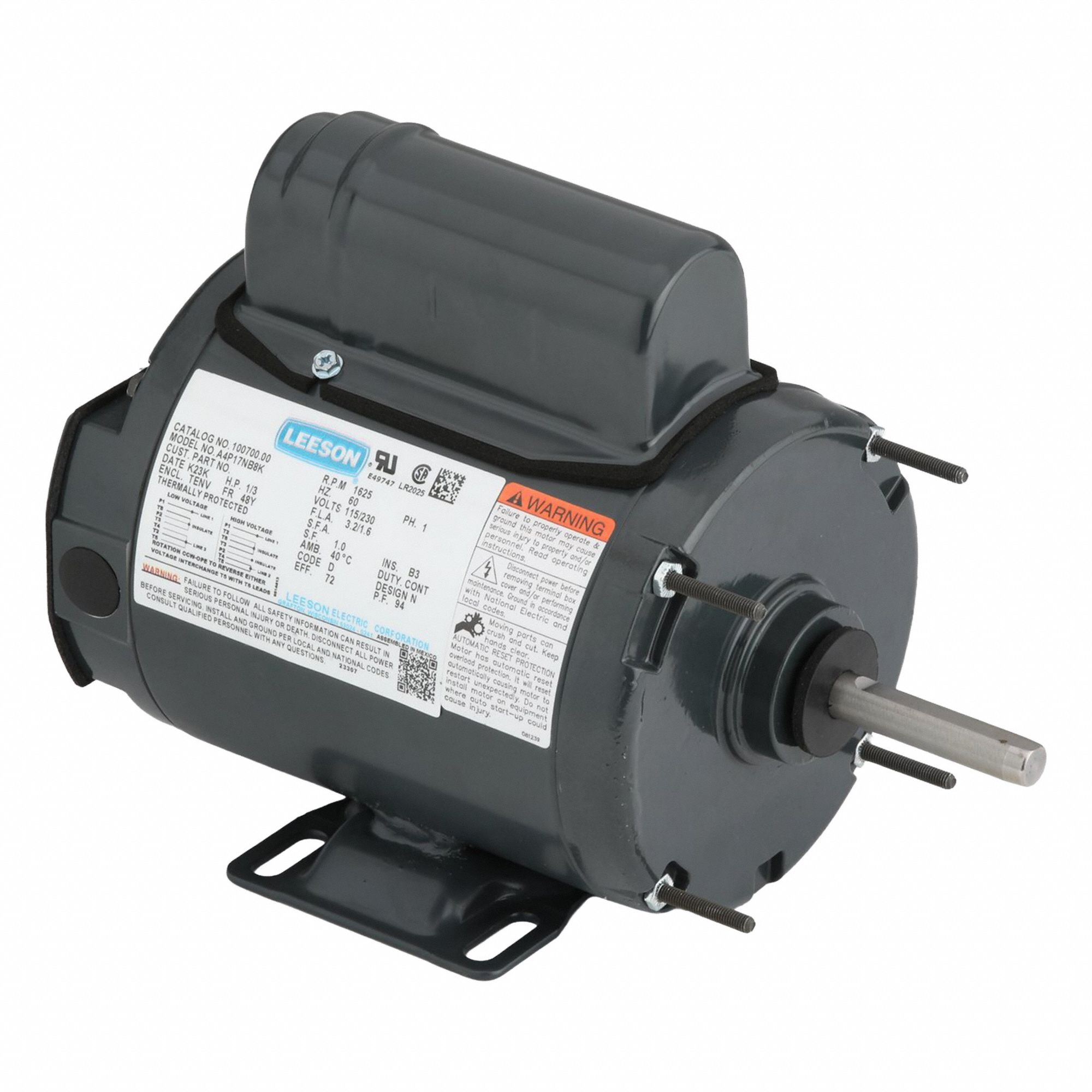 Farm Duty Motor: Single Phase, Rigid Base, Permanent Split Capacitor, 1/3 hp, 1, 625 RPM, Auto