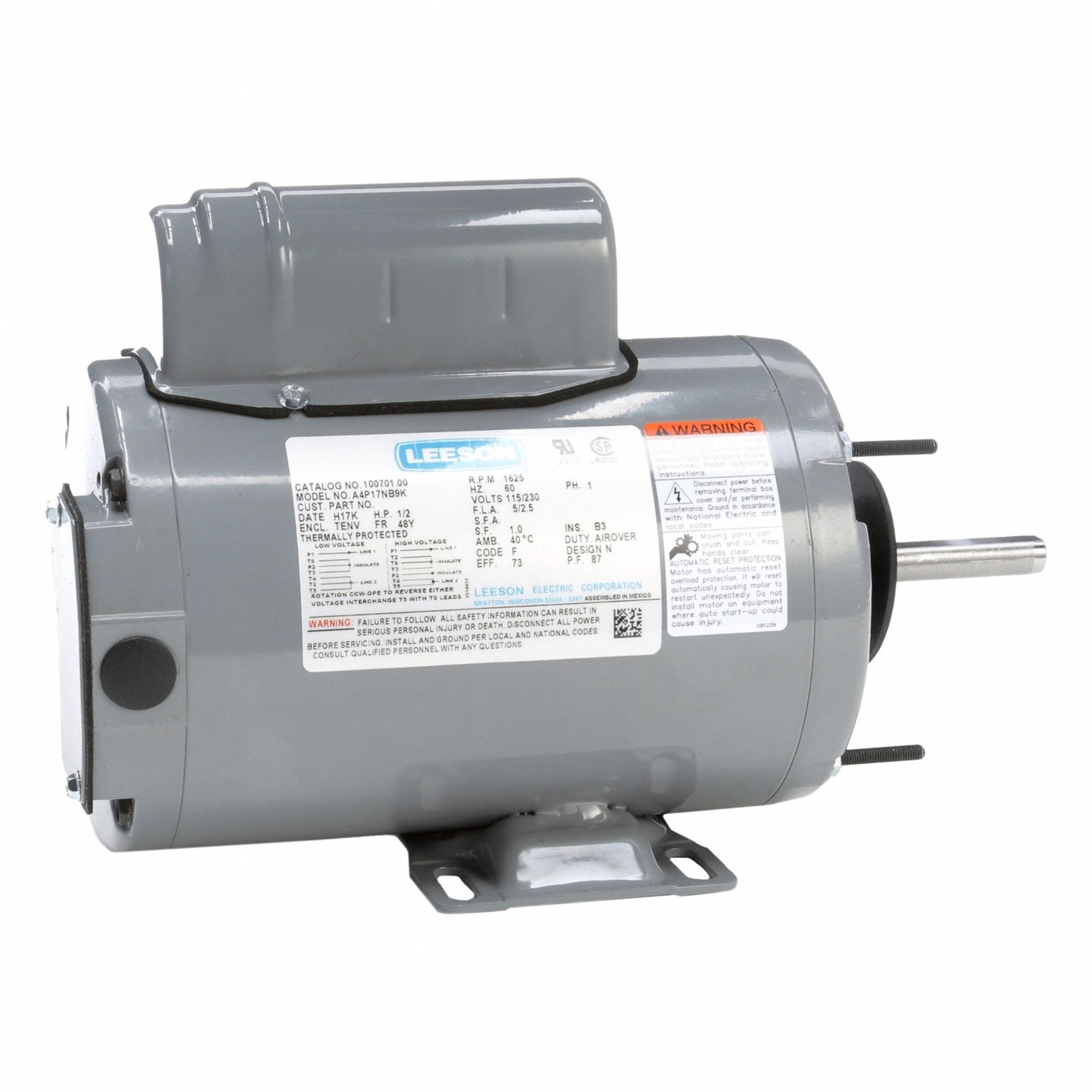 Farm Duty Motor: Single Phase, Rigid Base, Permanent Split Capacitor, 1/2 hp, 1, 625 RPM, Auto