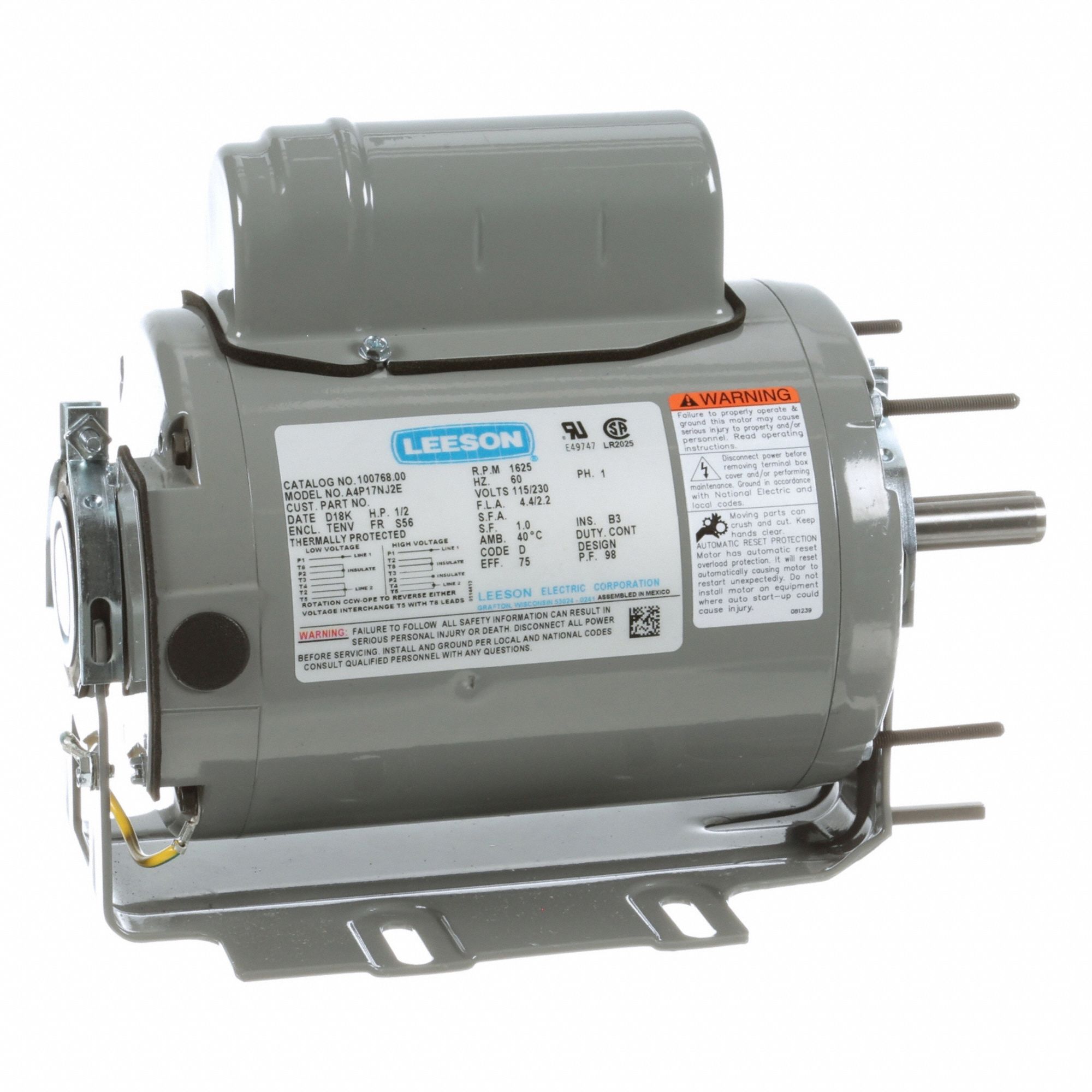 Farm Duty Motor: Single Phase, Cradle Base, Permanent Split Capacitor, 1/2 hp, 1, 625 RPM, B