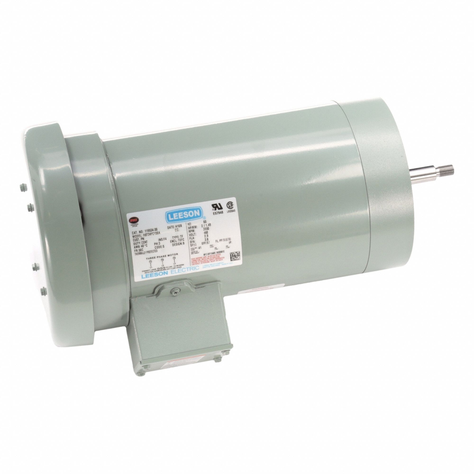 Farm Duty Motor: Three Phase, C-Face, Capacitor-Start, 2 hp, 3, 550 RPM, 56J Frame Size, 2.9 A
