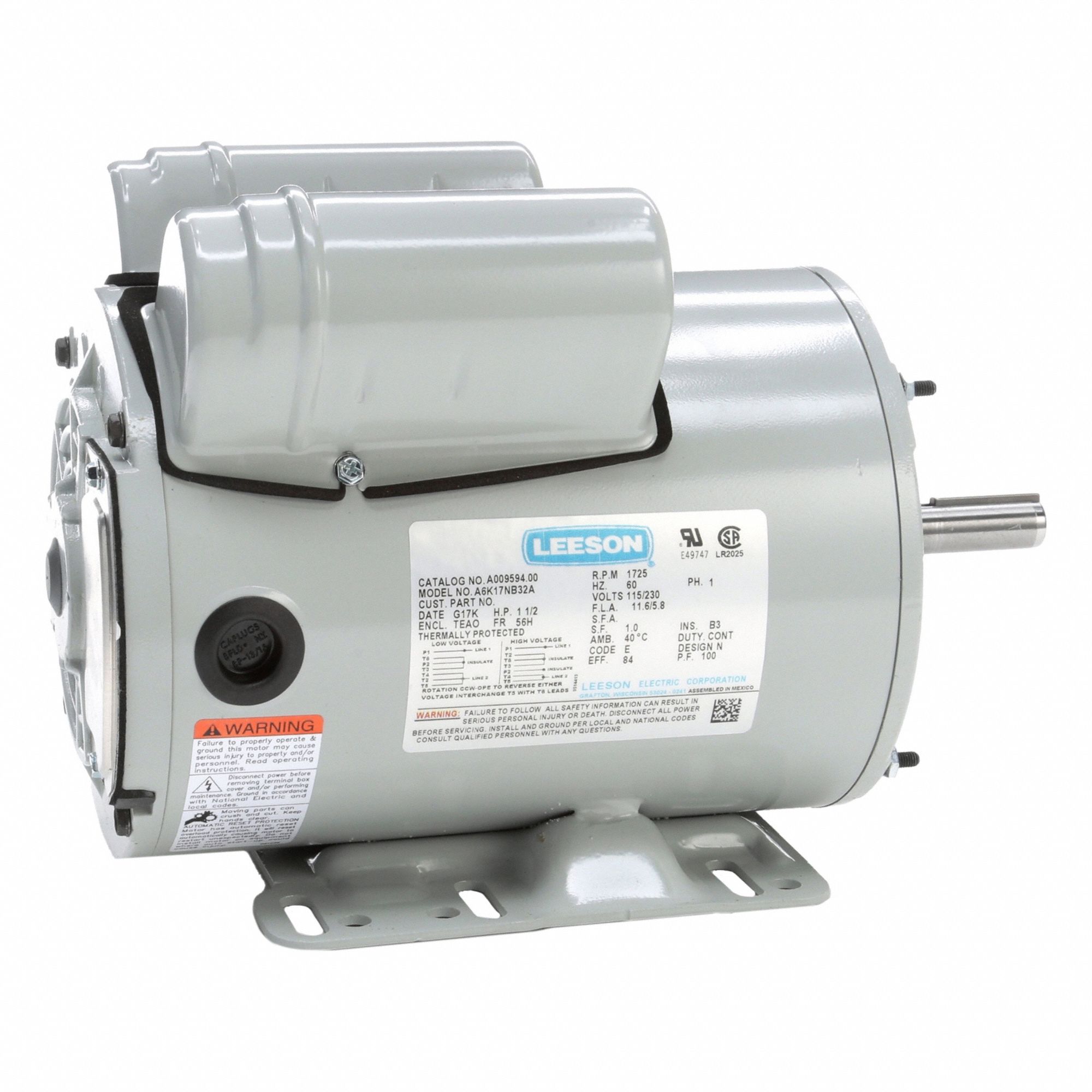 Farm Duty Motor: Single Phase, Rigid Base, Capacitor-Start/Run, 1 1/2 hp, 1, 725 RPM, Auto, B