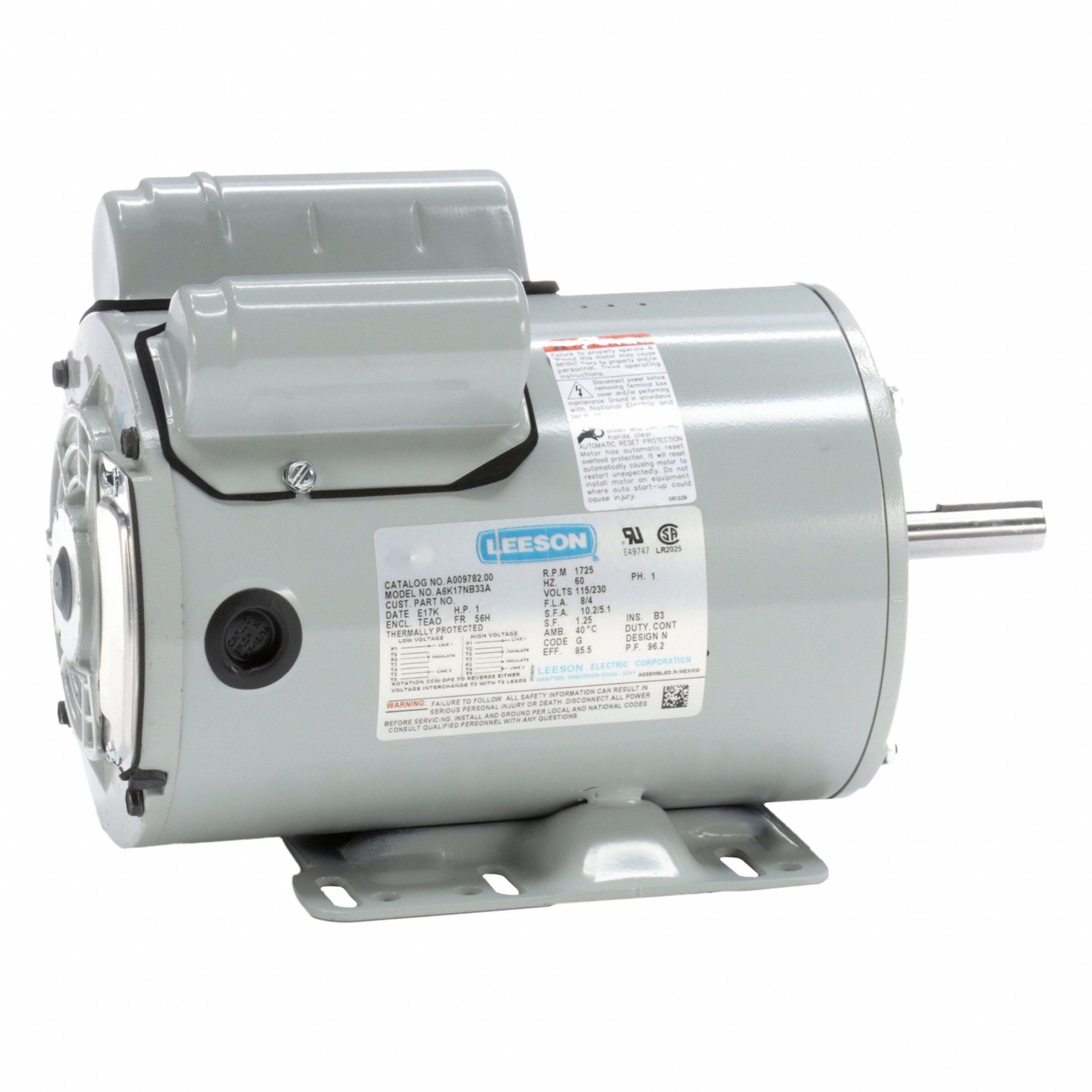 Farm Duty Motor: Single Phase, Rigid Base, Capacitor-Start/Run, 1 hp, 1, 725 RPM, 115/230V AC