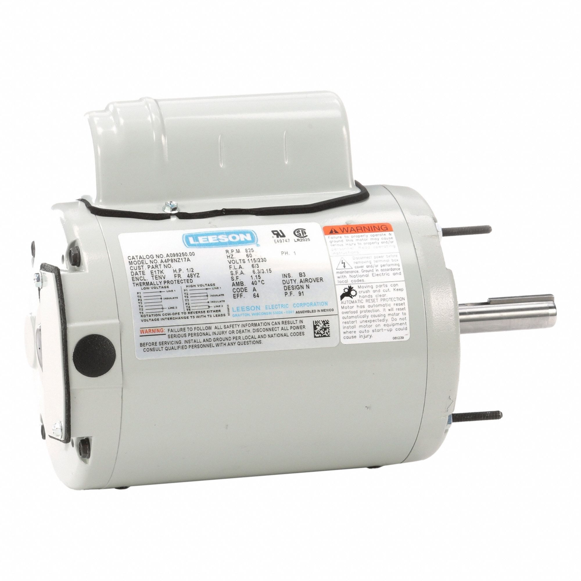 Farm Duty Motor: Single Phase, C-Face, Permanent Split Capacitor, 1/2 hp, 825 RPM, 6/3 A, B