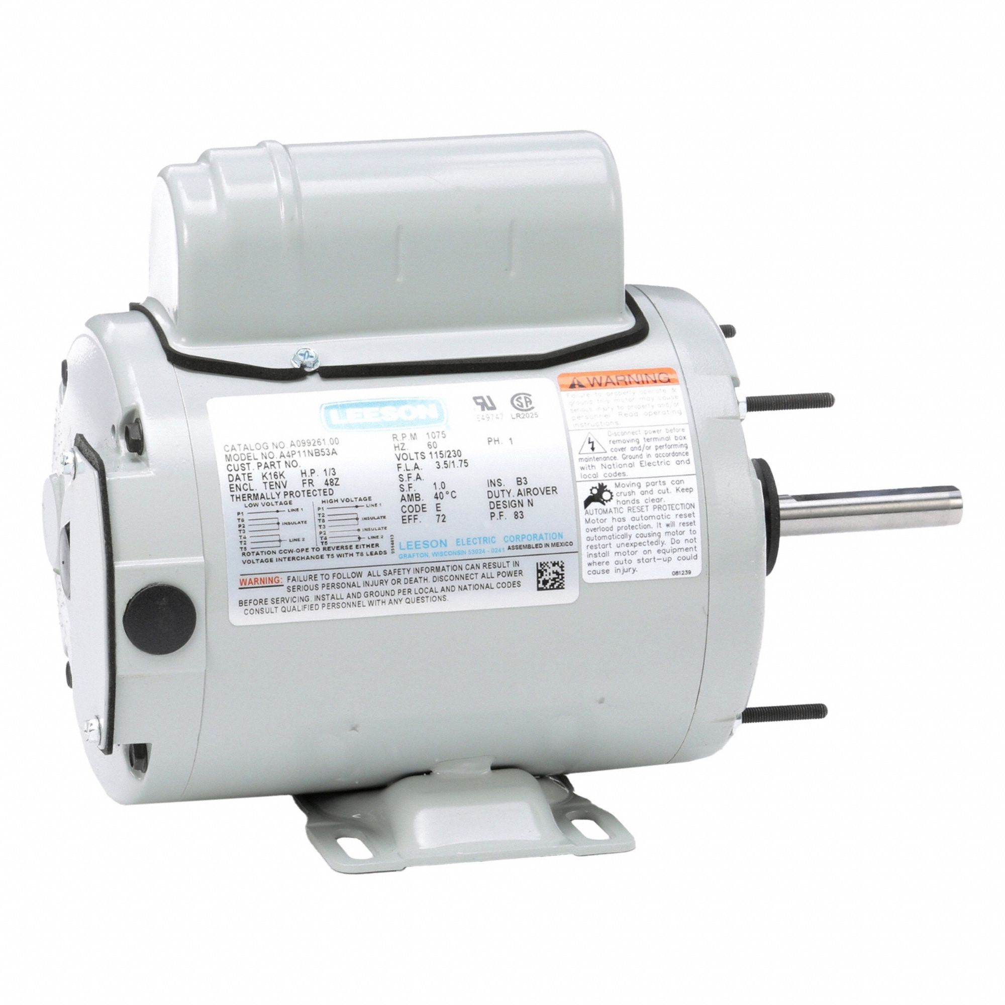 Farm Duty Motor: Single Phase, Rigid Base, Permanent Split Capacitor, 1/3 hp, 1, 075 RPM, Auto