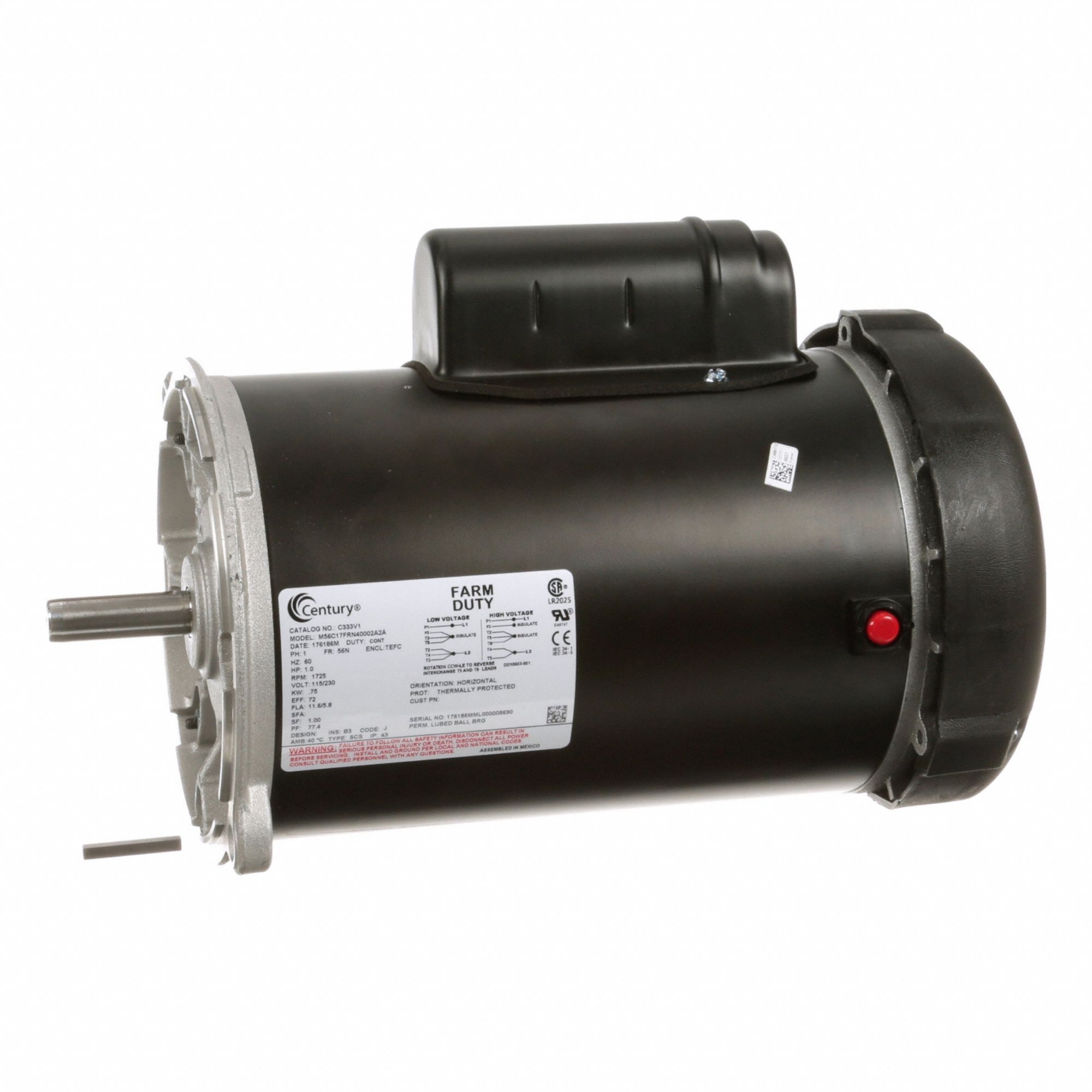 Farm Duty Motor: Single Phase, C-Face, Capacitor-Start, 1 hp, 1, 725 RPM, 56N Frame Size, B
