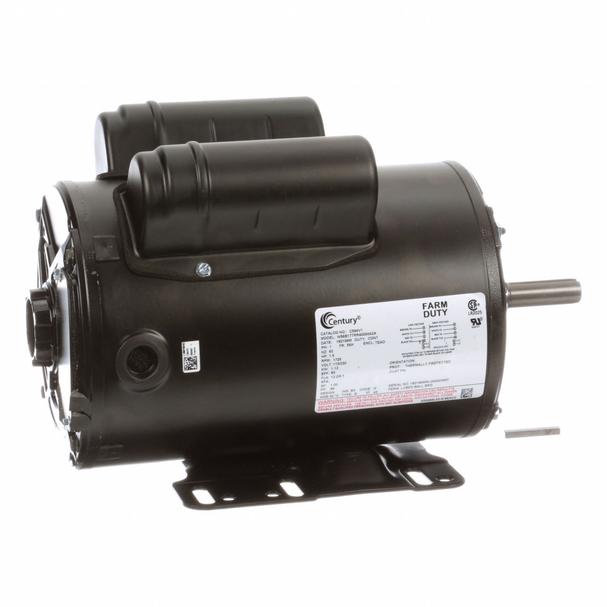 Farm Duty Motor: Single Phase, Rigid Base, Capacitor-Start/Run, 1 1/2 hp, 1, 725 RPM, Manual
