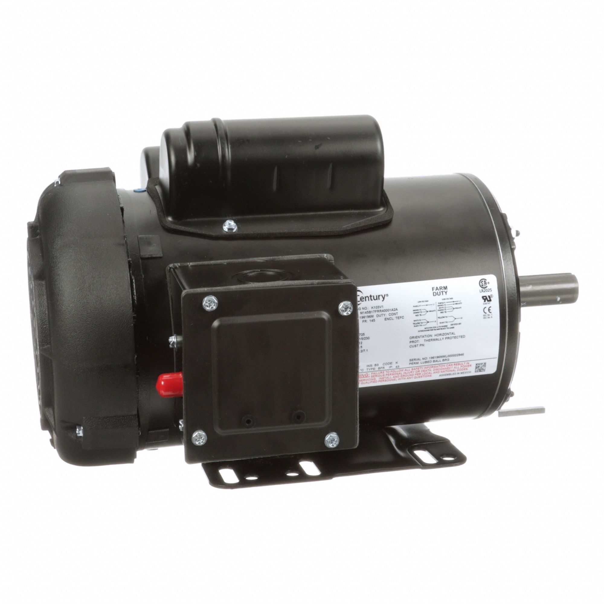 Farm Duty Motor: Single Phase, Rigid Base, Capacitor-Start/Run, 1 1/2 hp, 1, 725 RPM, Manual