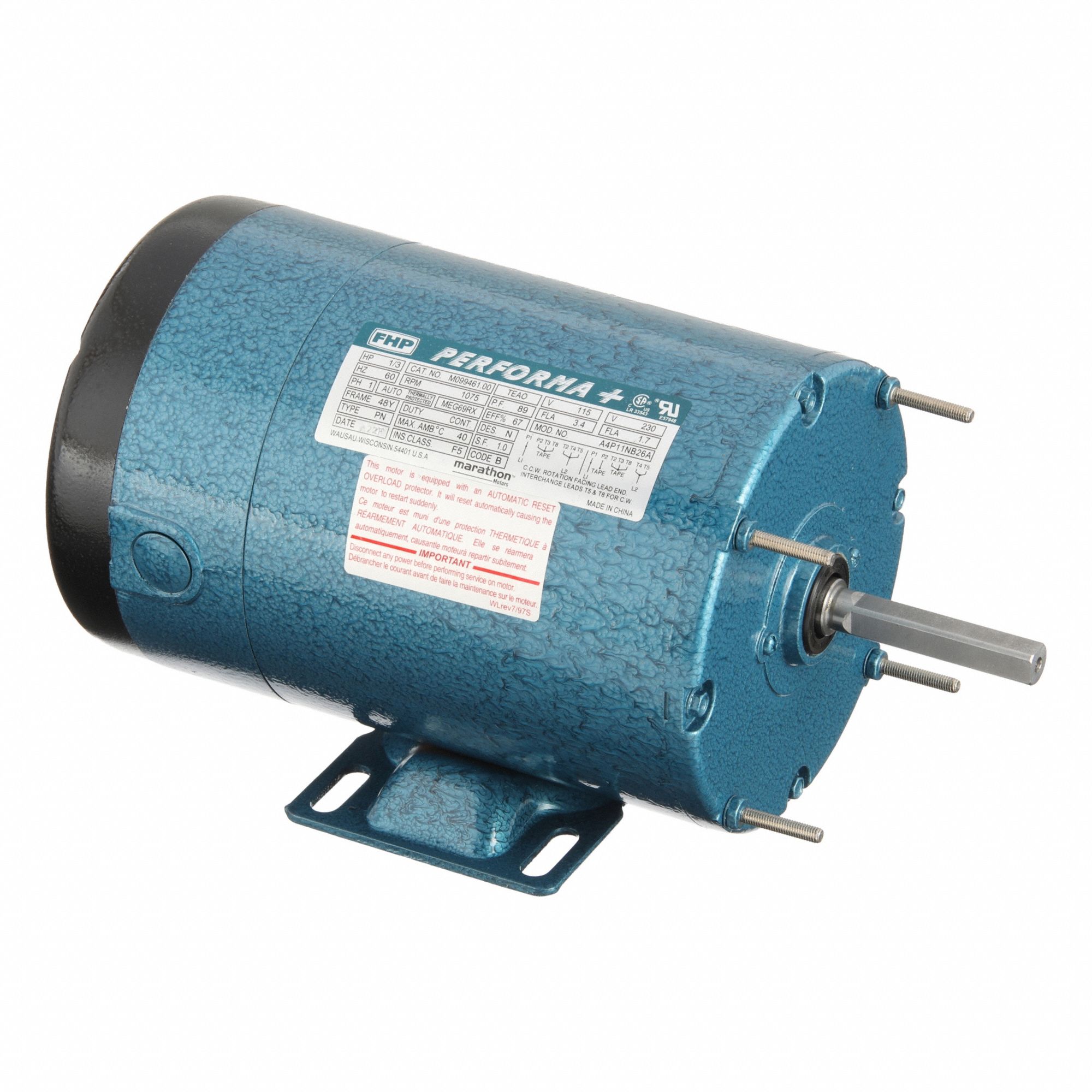 Farm Duty Motor: Single Phase, Rigid Base, Permanent Split Capacitor, 1/3 hp, 1, 060 RPM, Auto