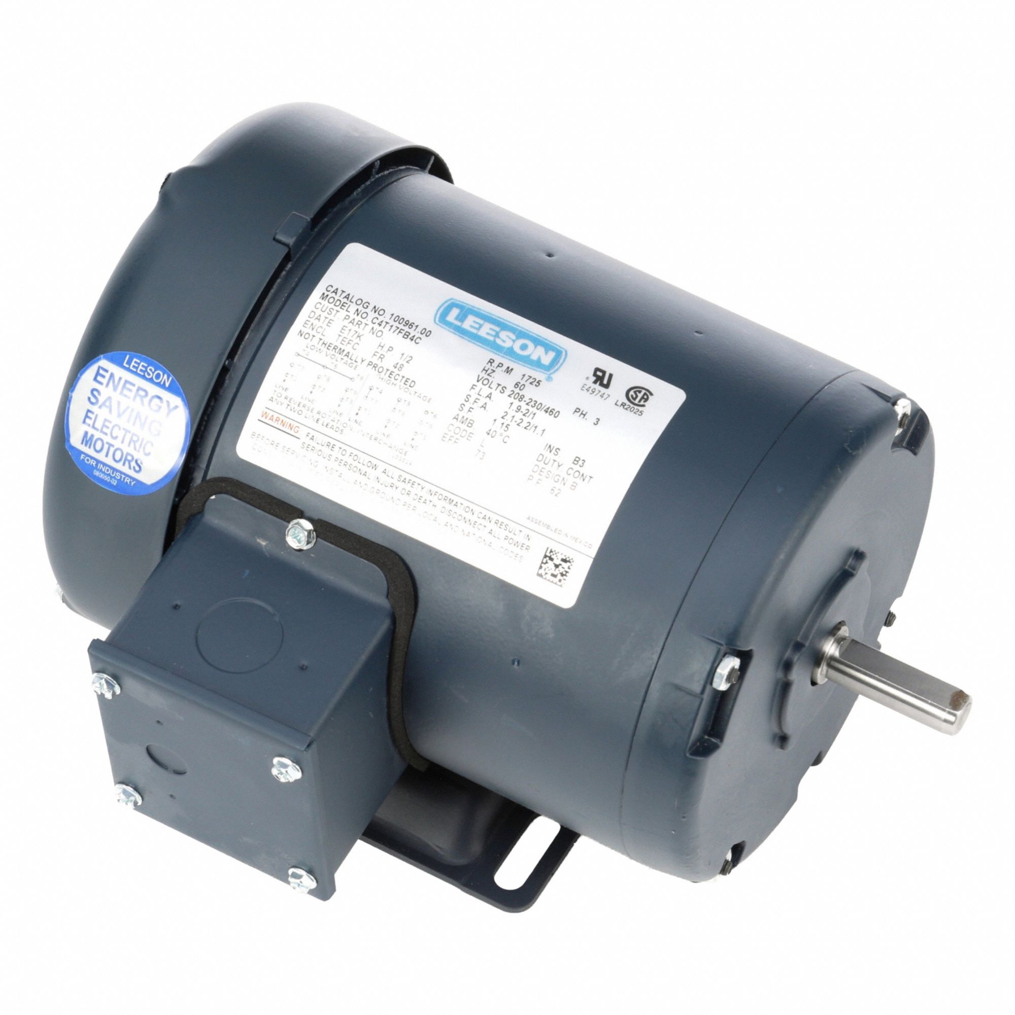 LEESON General Purpose Motor: Rigid Base Mount, Totally Enclosed Fan Cooled, 1/2 hp, 230/460V AC (MPN 100961.00). Key specifications — Brand: LEESON; Nameplate Voltage @ 60 Hz: 230/460V AC; Full Load Current @ 60 Hz: 2.0 A; Nameplate RPM @ 60 Hz: 1,725 RPM; Motor Enclosure: TEFC.