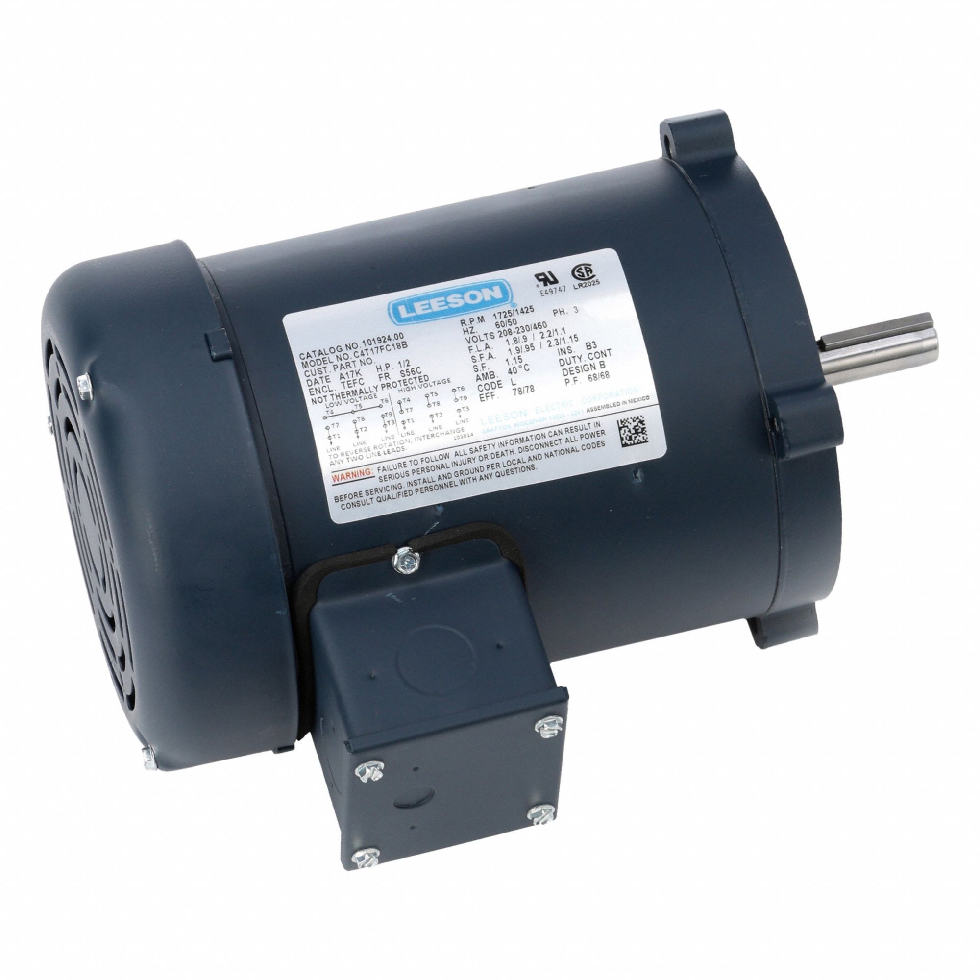 General Purpose Motor: Totally Enclosed Fan Cooled, C-Face Mount, 1/2 HP, 1, 725 Nameplate RPM