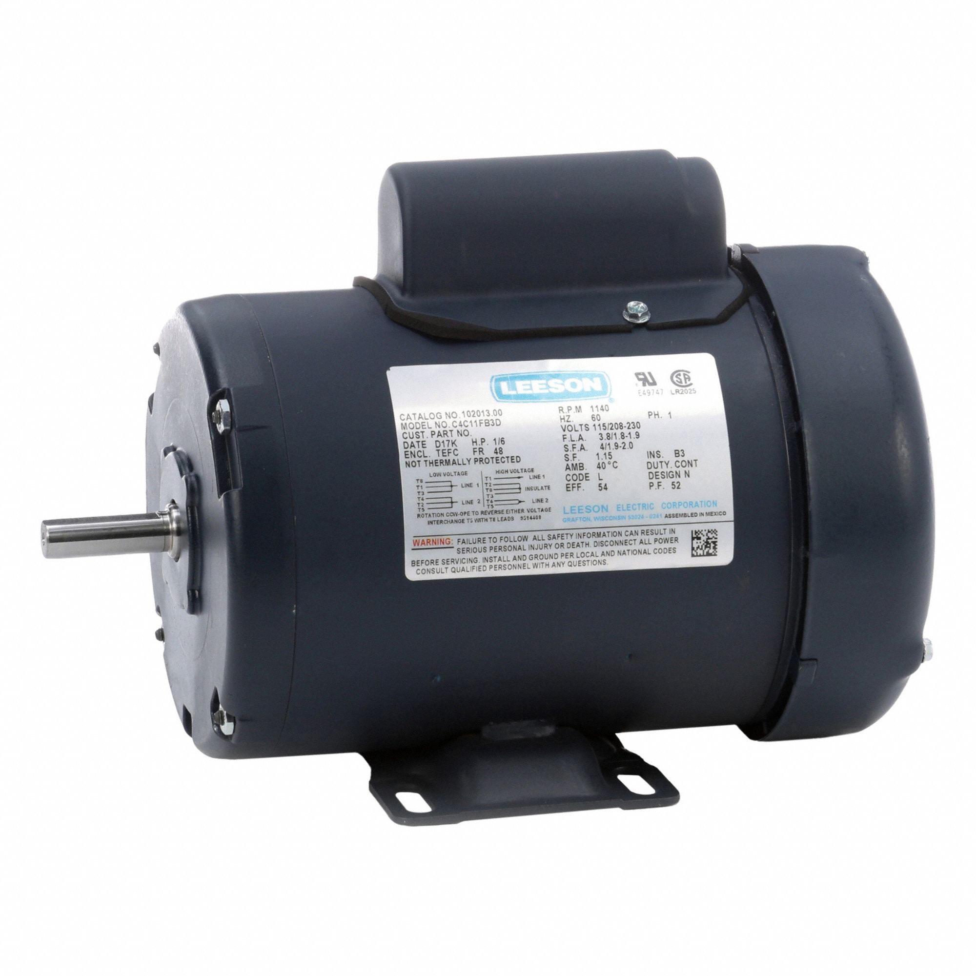 General Purpose Motor: Single Phase, 1/6 hp, 115/208-230V AC, 48 Frame Size, 1, 140 RPM, 60 Hz