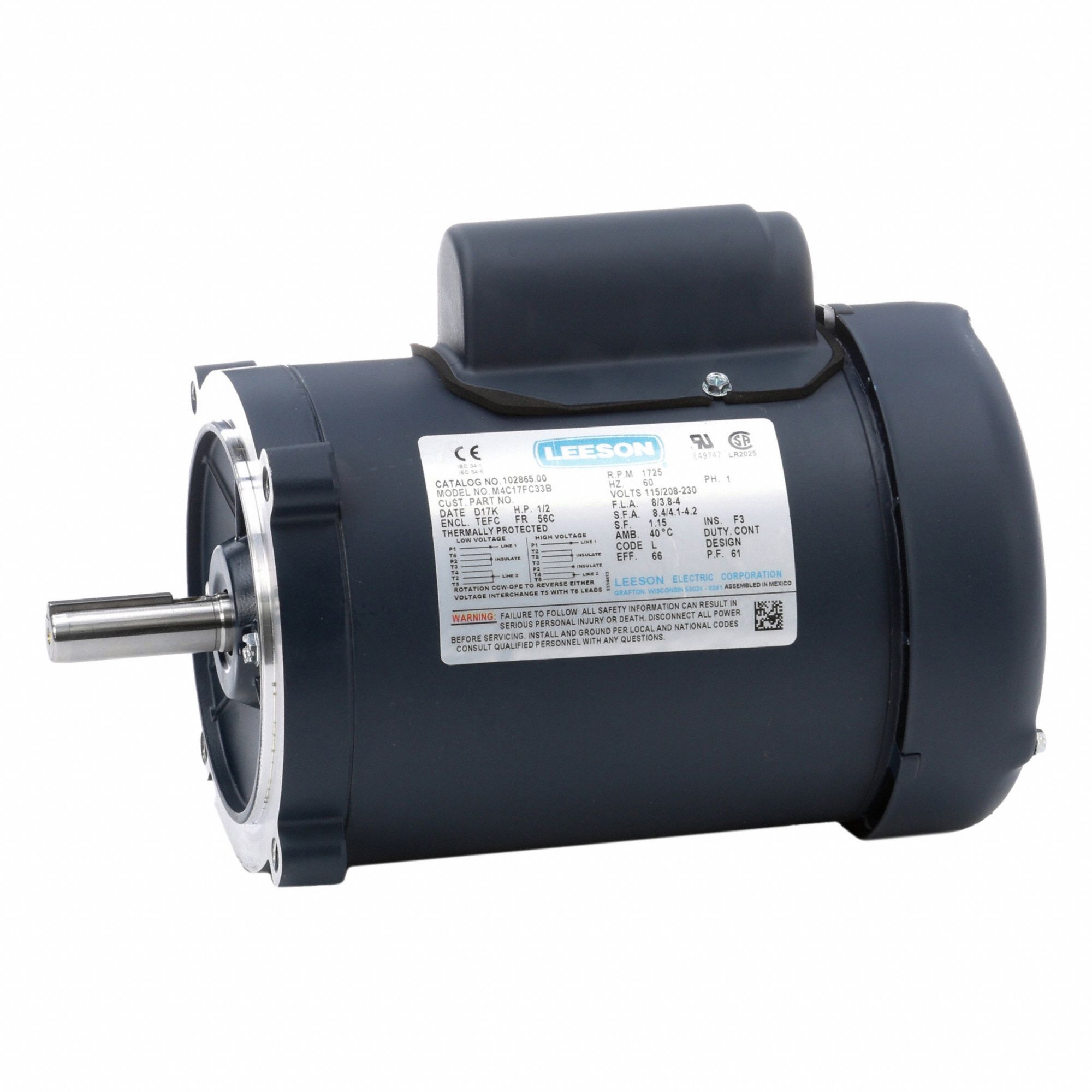 General Purpose Motor: Single Phase, 1/2 hp, 115/230V AC, 56C Frame Size, 5/8 in x 1 7/8 in