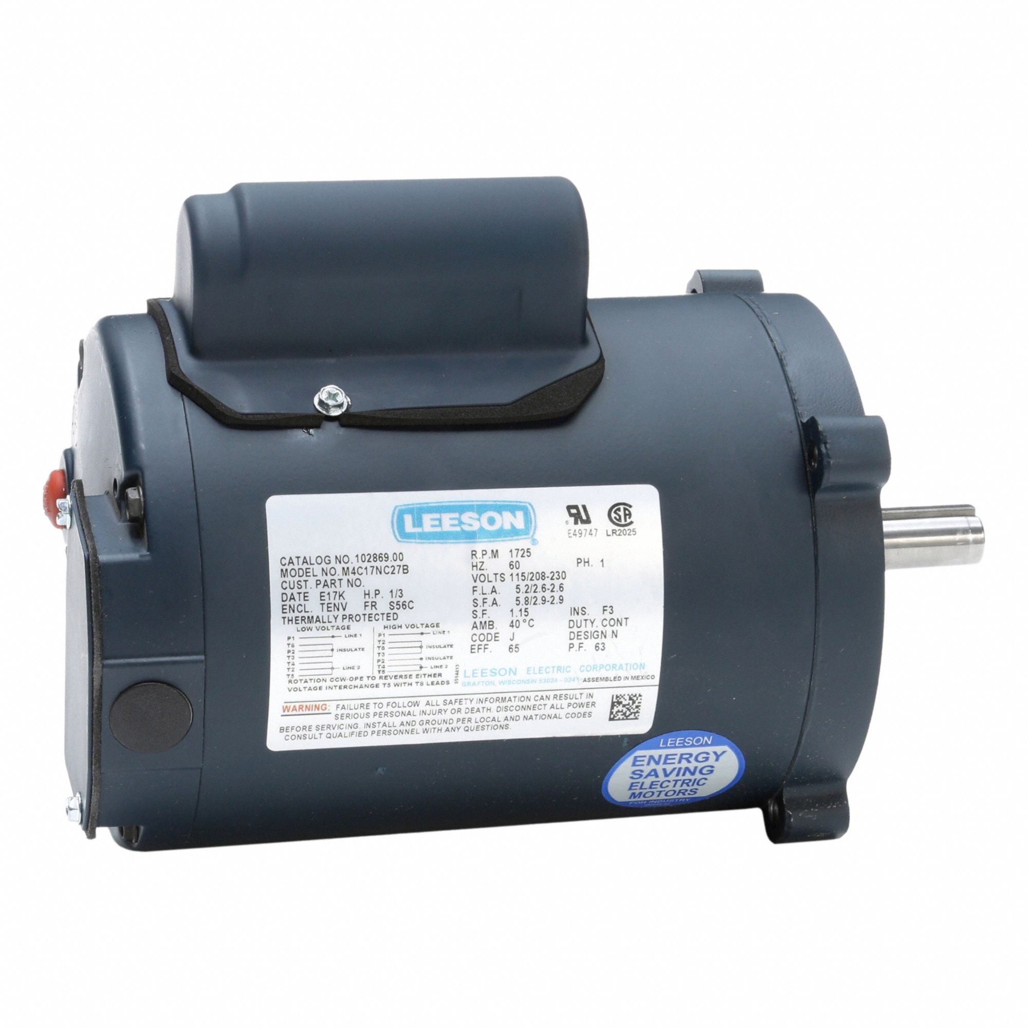 General Purpose Motor: Single Phase, 1/3 hp, 115/230V AC, 56C Frame Size, 5/8 in x 1 7/8 in
