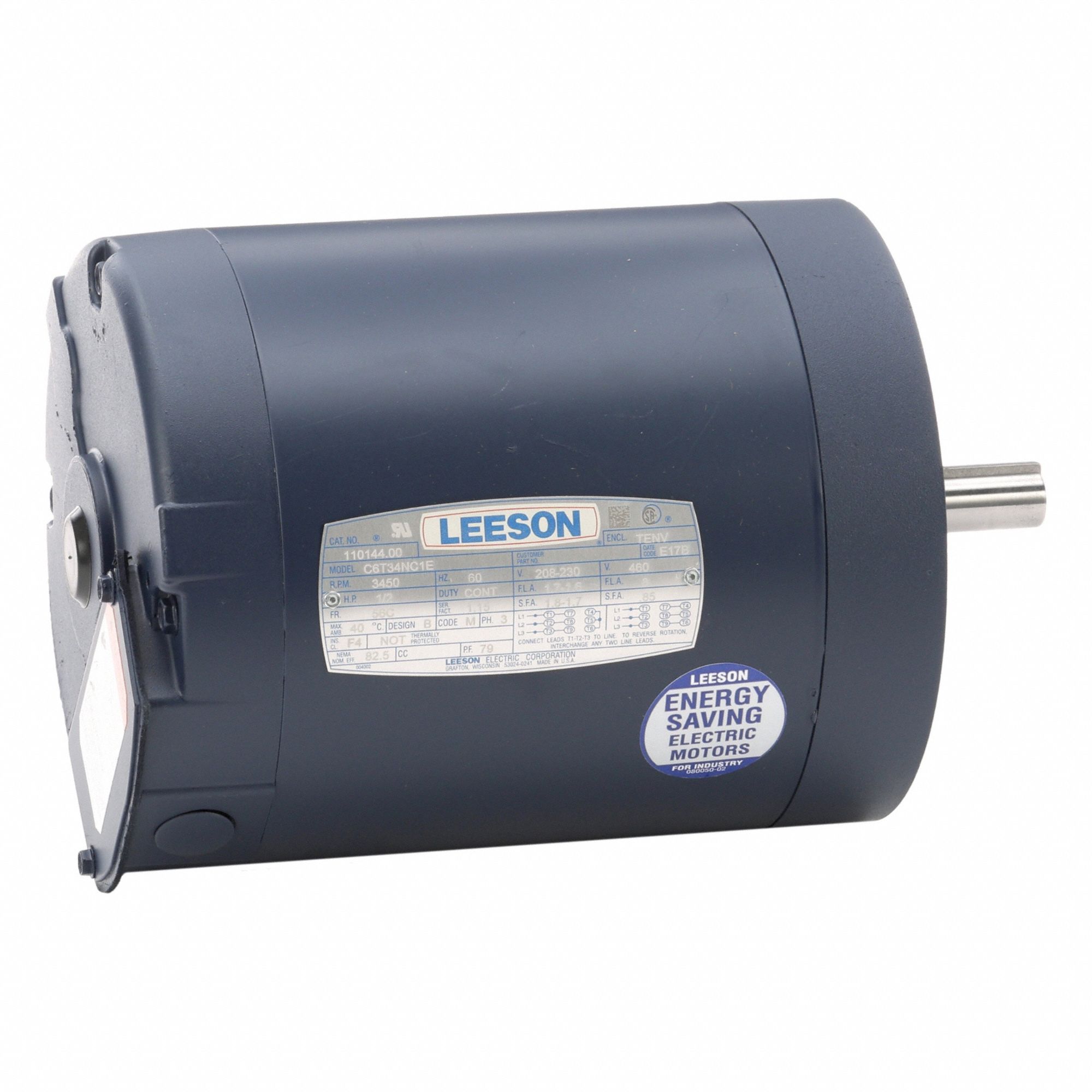 General Purpose Motor: Totally Enclosed Non-Ventilated, C-Face Mount, 1/2 HP, 230/460V