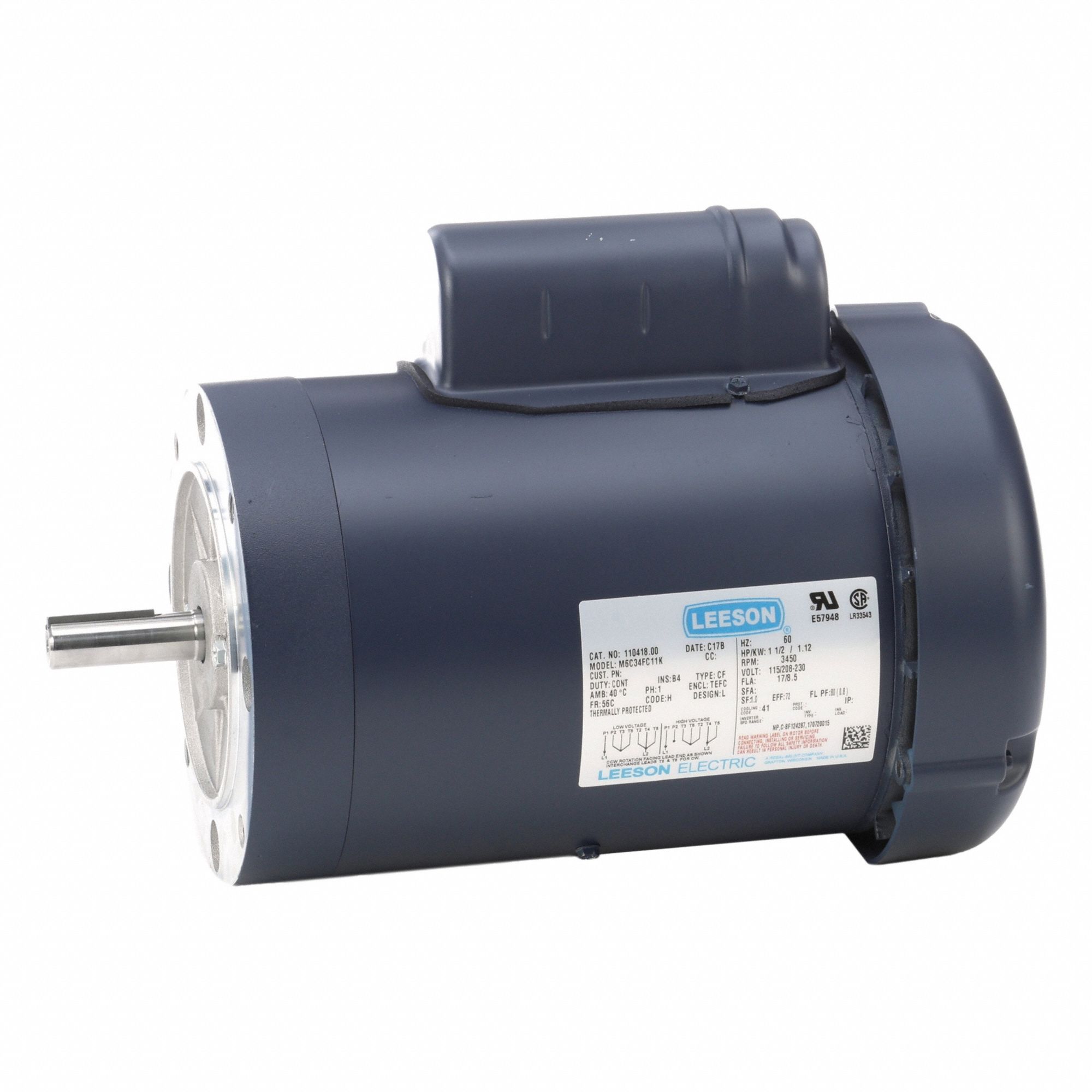General Purpose Motor: Single Phase, 1 1/2 hp, 115/208-230V AC, 56C Frame Size, 3, 450 RPM, B