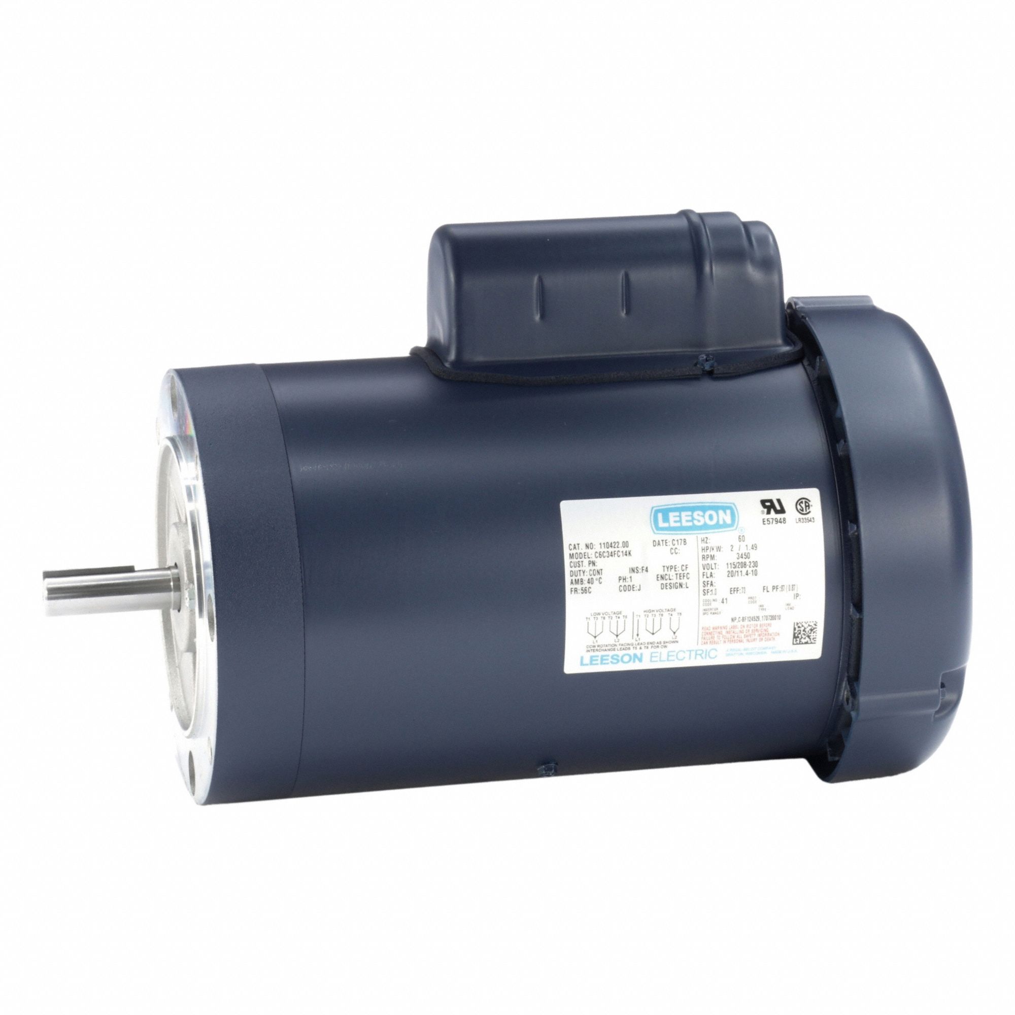 General Purpose Motor: Single Phase, 2 hp, 115/230V AC, 56C Frame Size, 5/8 in x 1 7/8 in, F