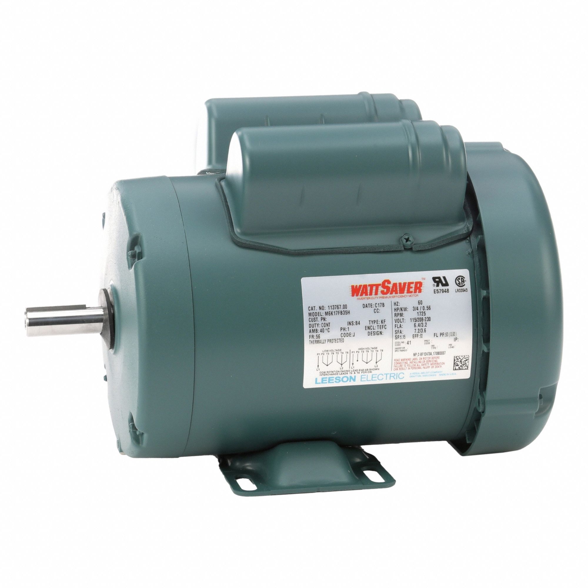 General Purpose Motor: Single Phase, 3/4 hp, 115/208-230V AC, 56 Frame Size, 1, 725 RPM, 60 Hz
