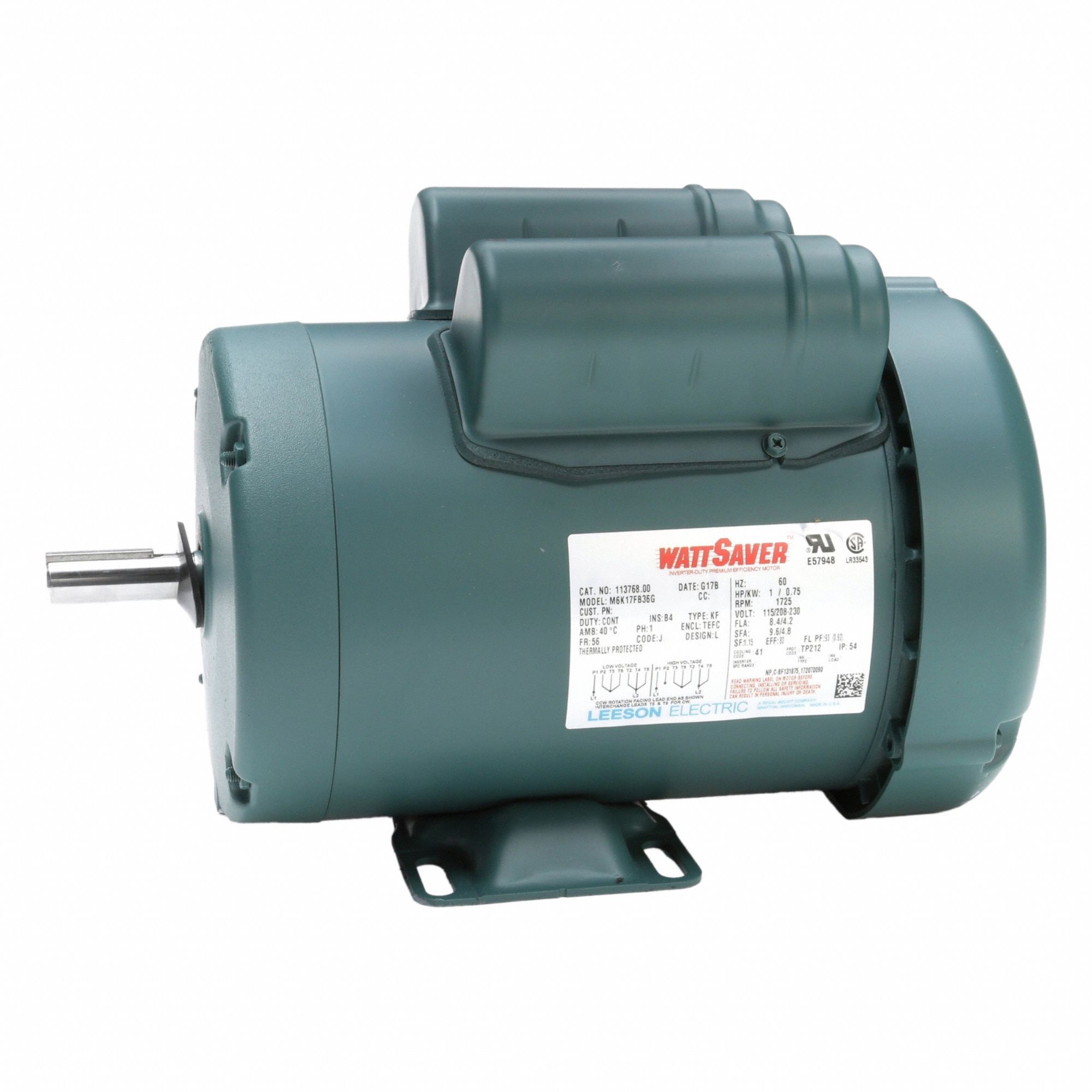 General Purpose Motor: Single Phase, 1 hp, 115/208-230V AC, 56 Frame Size, 5/8 in x 1 7/8 in