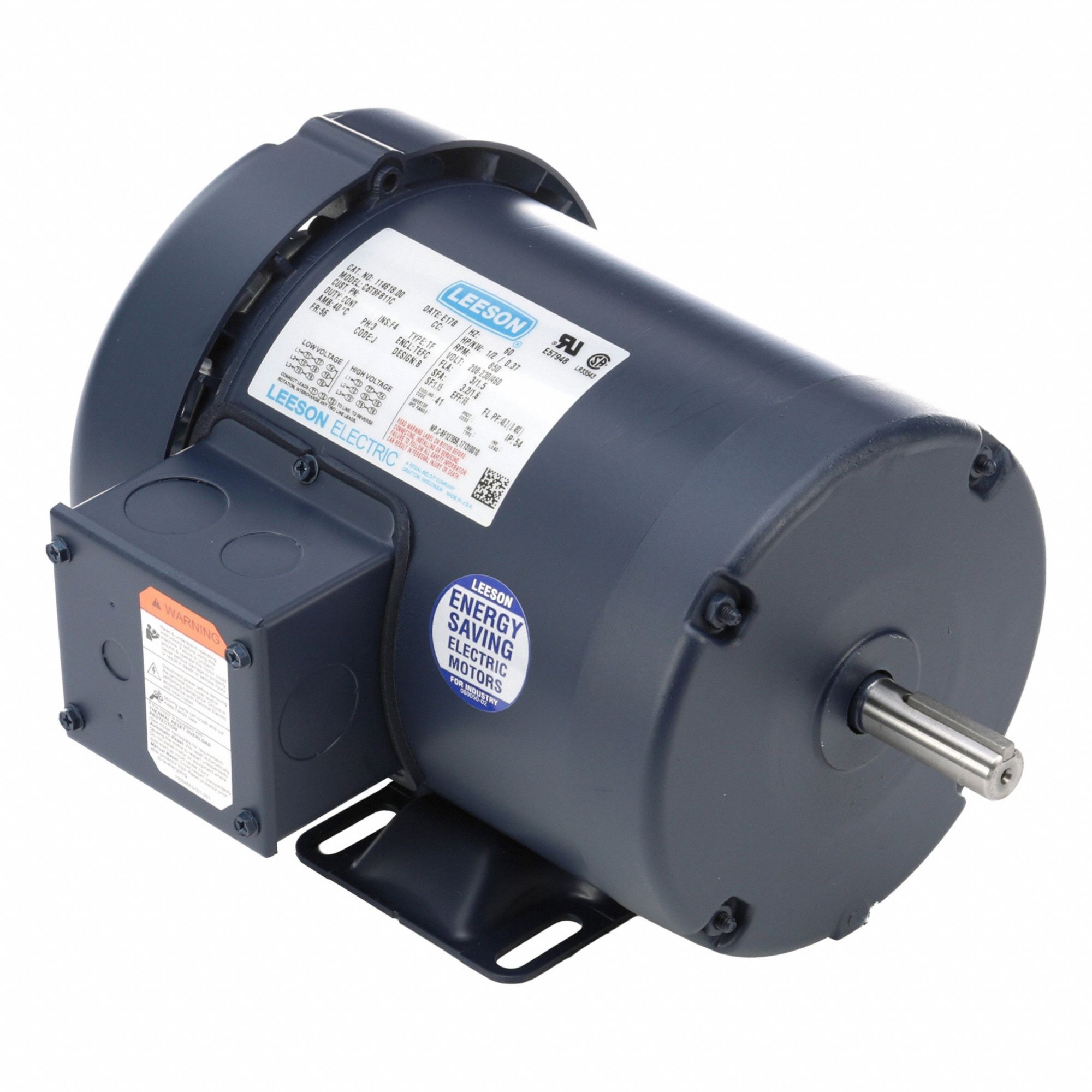 LEESON General Purpose Motor: Rigid Base Mount, Totally Enclosed Fan Cooled, 1/2 hp, 230/460V AC (MPN 114618.00). Key specifications — Brand: LEESON; Nameplate Voltage @ 60 Hz: 230/460V AC; Full Load Current @ 60 Hz: 1.5 A; Nameplate RPM @ 60 Hz: 850 RPM; Motor Enclosure: TEFC.