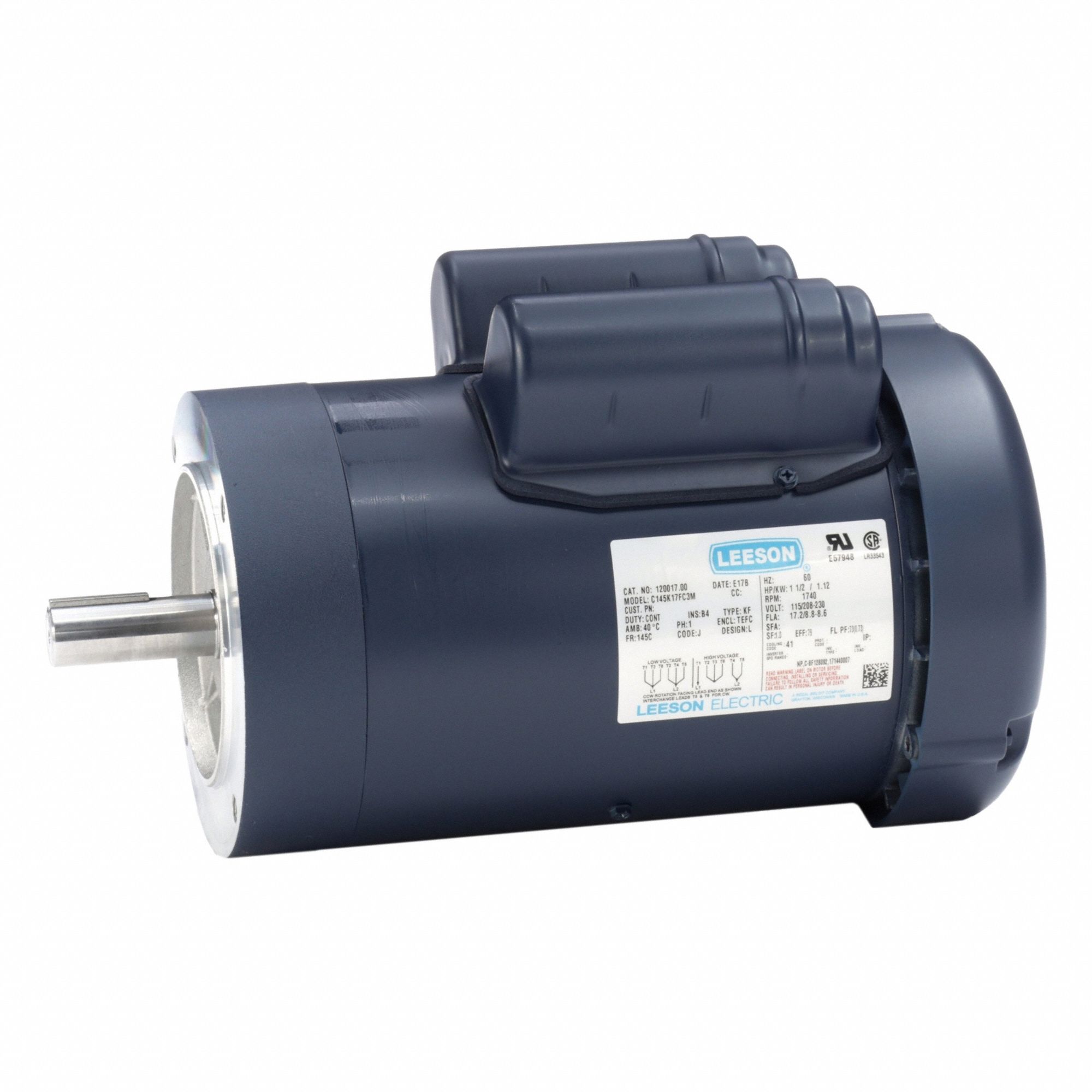 General Purpose Motor: Single Phase, 1 1/2 hp, 115/208-230V AC, 145TC Frame Size, 1, 740 RPM