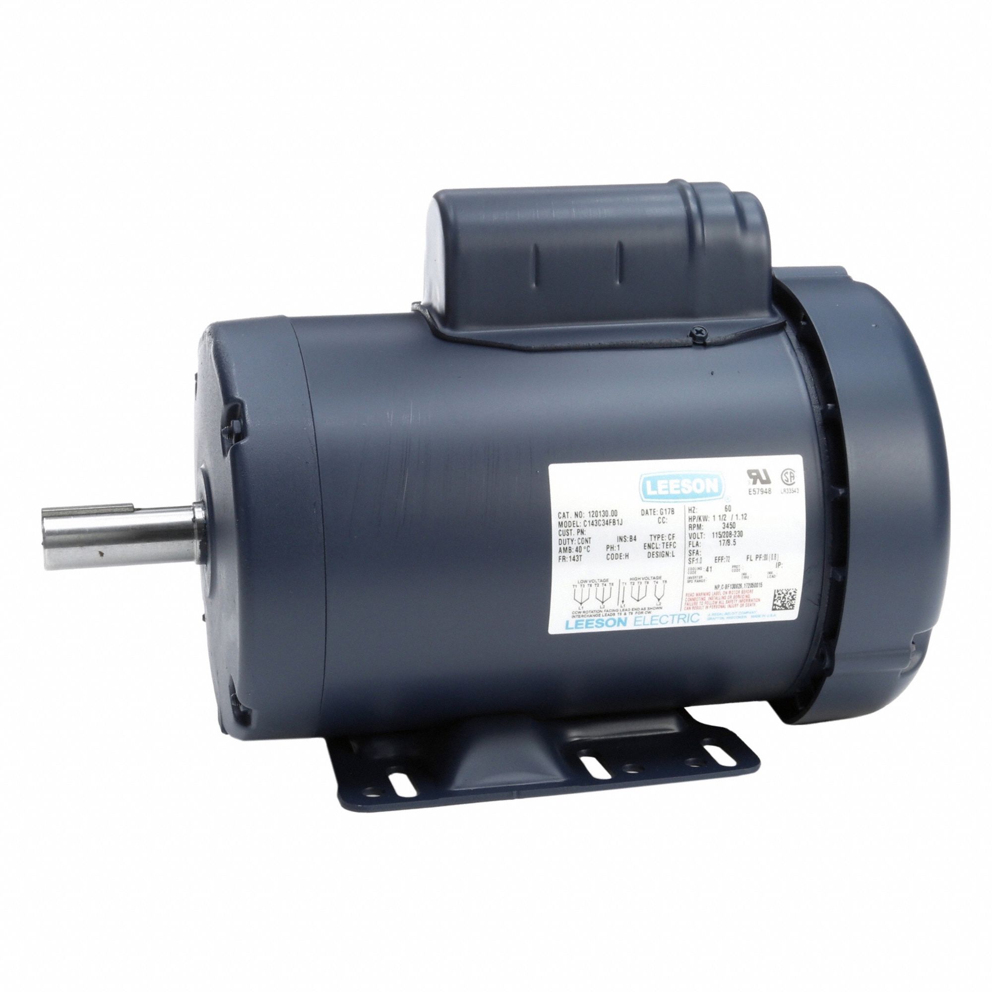 General Purpose Motor: Single Phase, 1 1/2 hp, 115/208-230V AC, 143T Frame Size, 3, 450 RPM, B