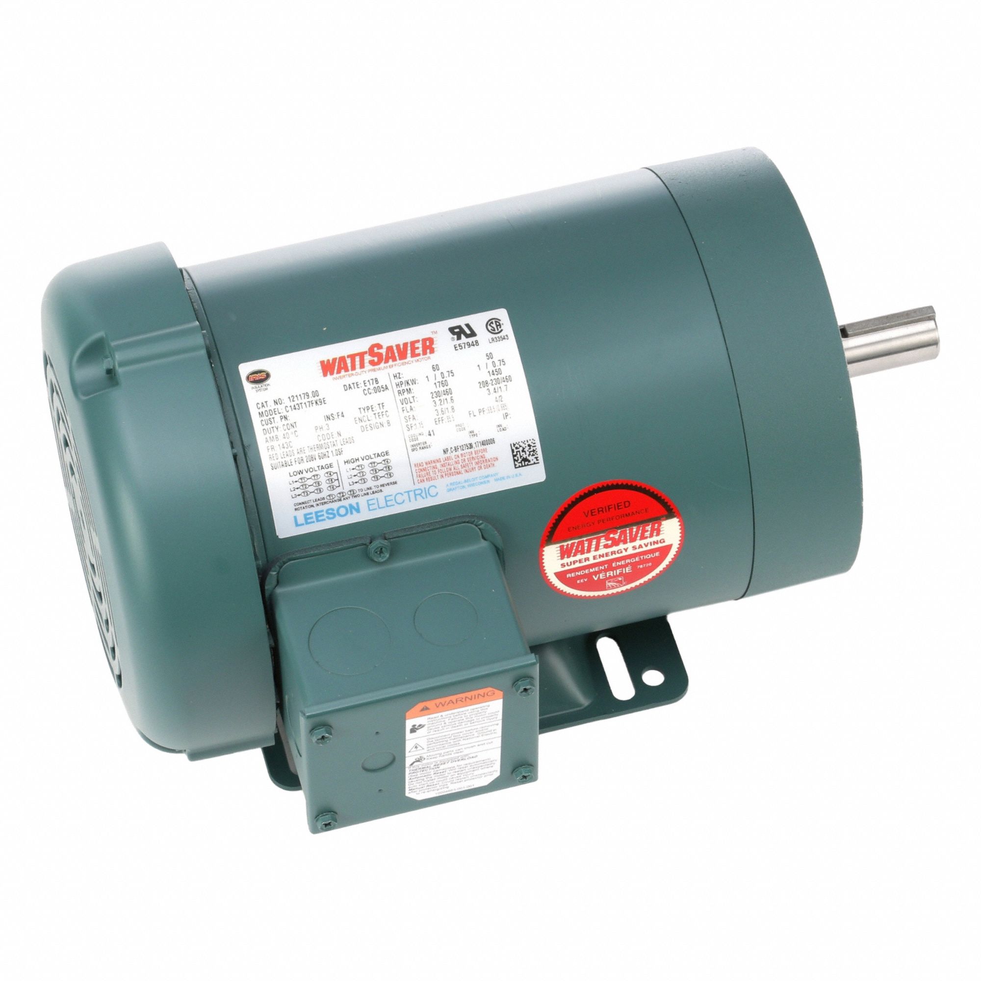 General Purpose Motor: Totally Enclosed Fan Cooled, Rigid Base Mount, 1 HP, 230/460V, T-Stat