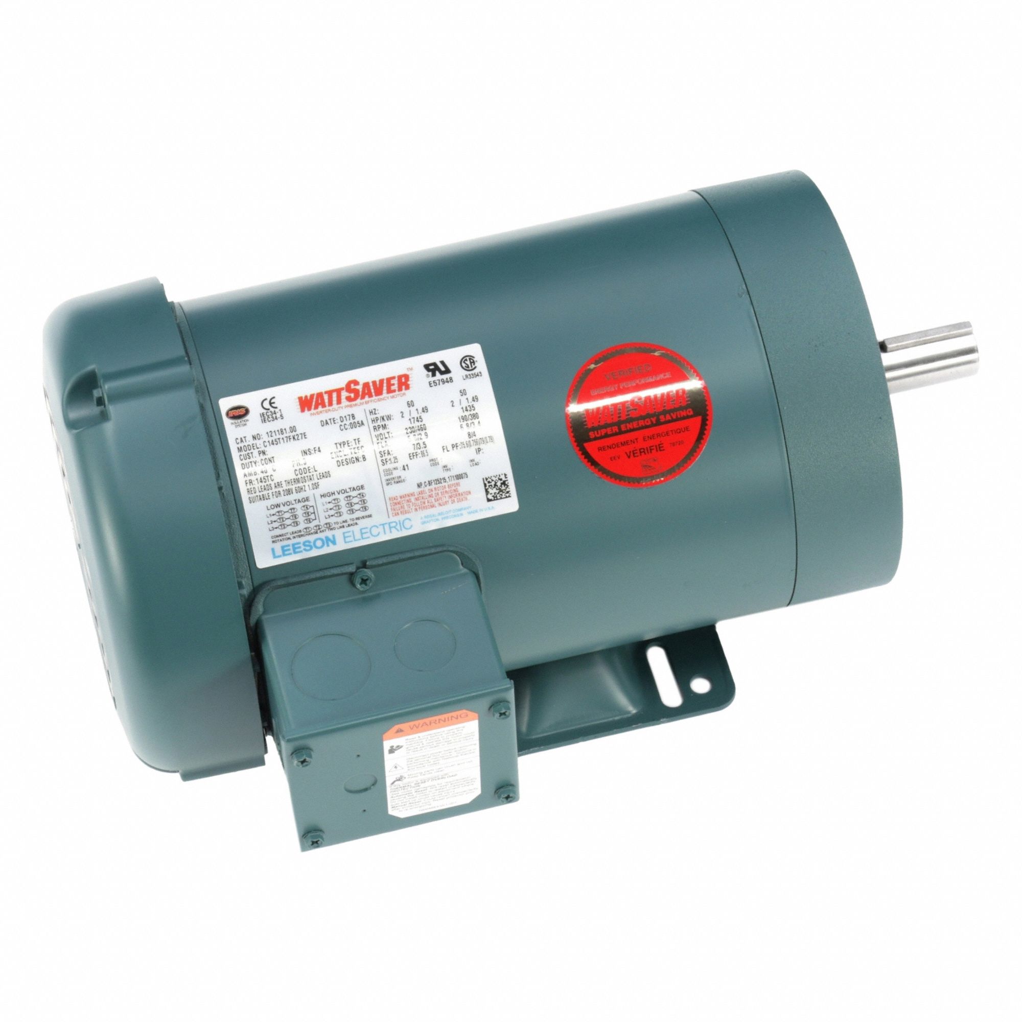 General Purpose Motor: Totally Enclosed Fan Cooled, Rigid Base Mount, 2 HP, 230/460V, T-Stat