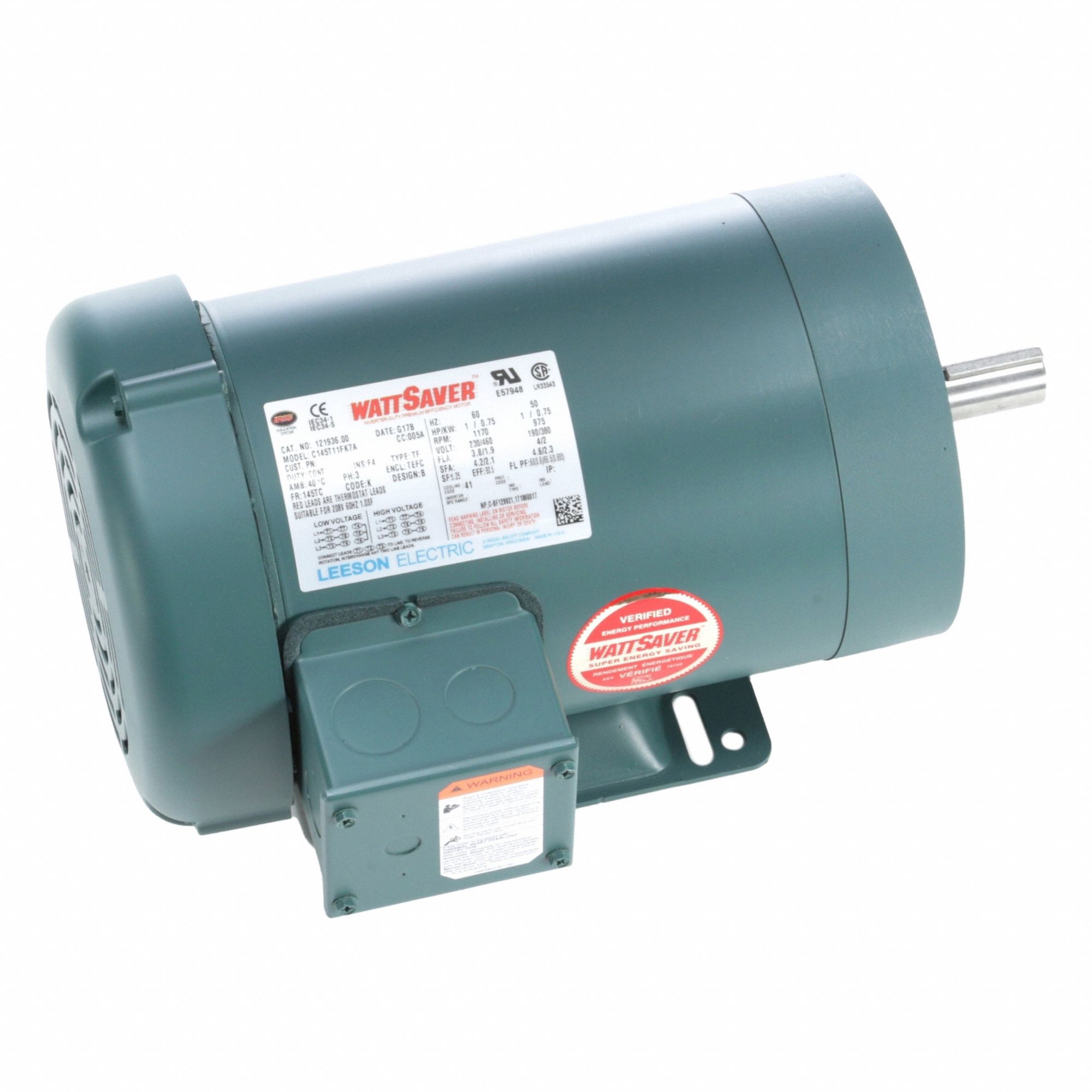 General Purpose Motor: Totally Enclosed Fan Cooled, Rigid Base Mount, 1 HP, 230/460V, T-Stat